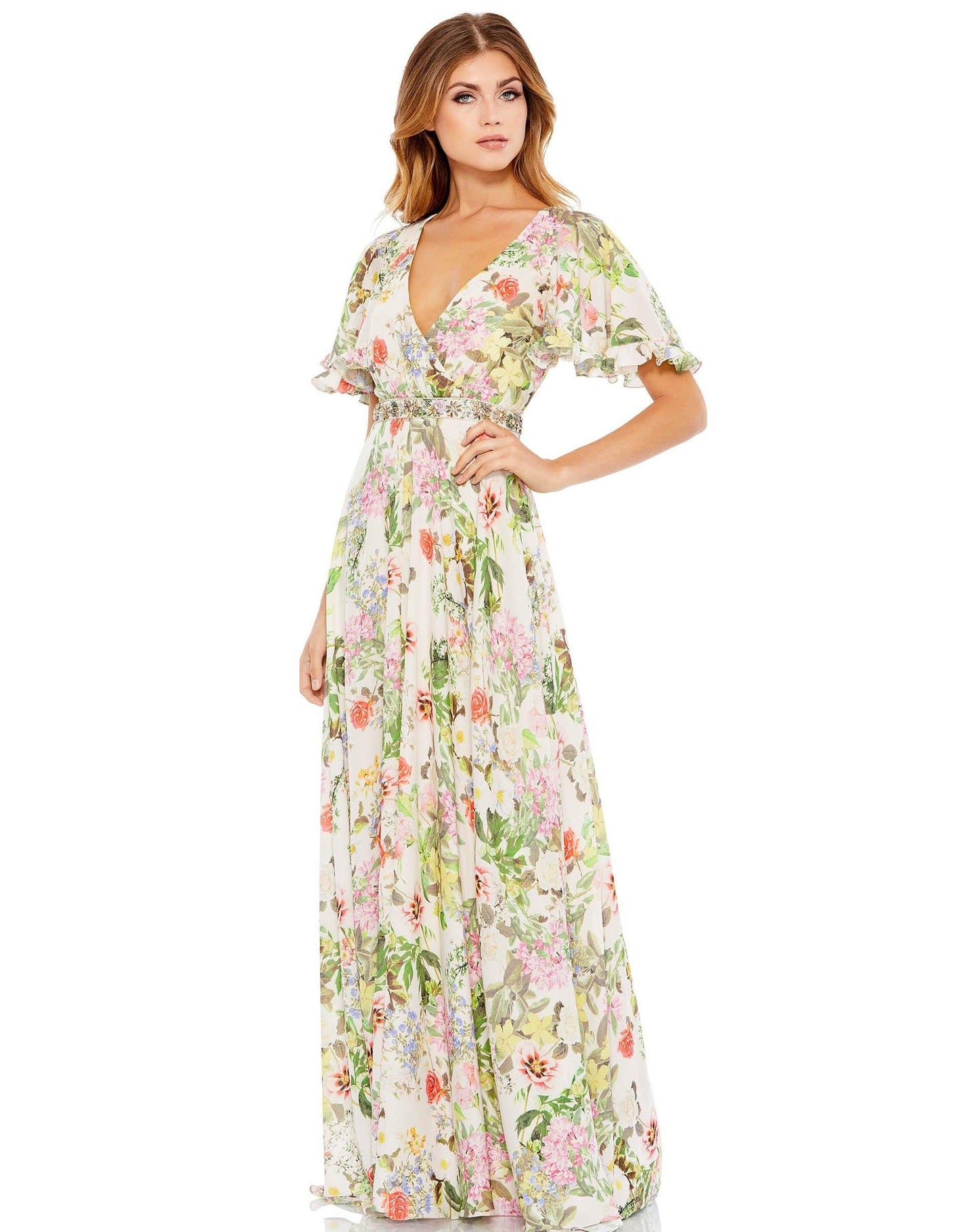 Mac Duggal Floral V-Neck Pleated Maxi Dress 9079 - The Dress Outlet