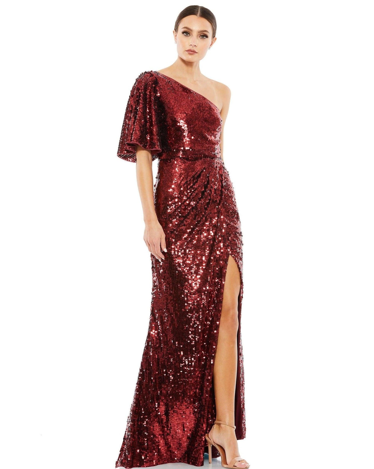 Mac Duggal Long One Shoulder Bell Sleeve Gown 93540 - The Dress Outlet