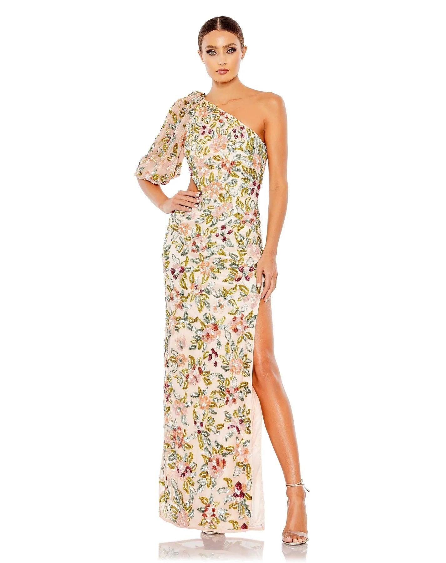 Nude Multi Mac Duggal 5567 Long One Shoulder Floral Formal Gown for