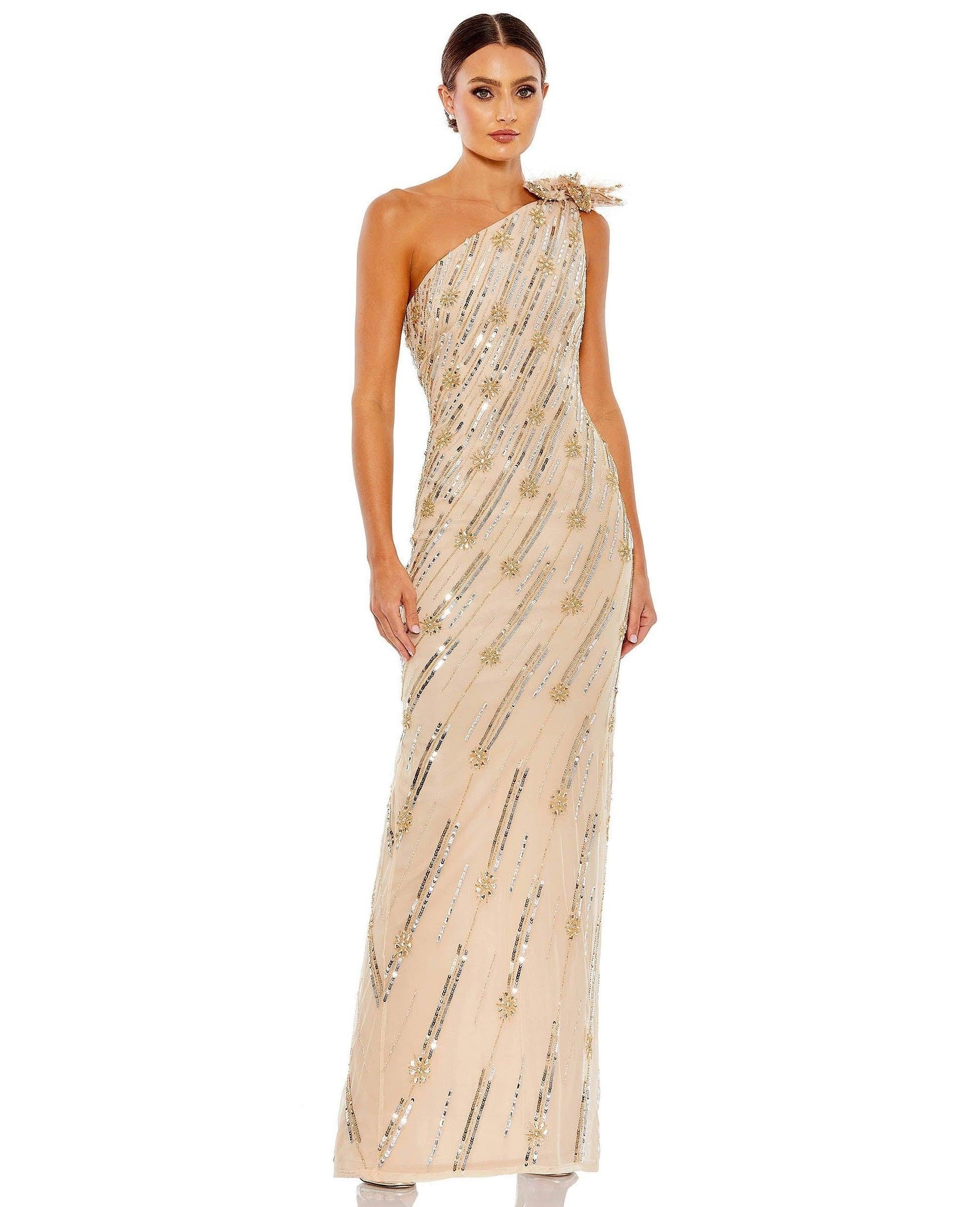 Mac Duggal - Gold Embellished Floral Detail One Shoulder Gown - Nude Gold / US 10 Mac Duggal - Gold Embellished Floral Detail One Shoulder Gown - Nude Gold / US 10