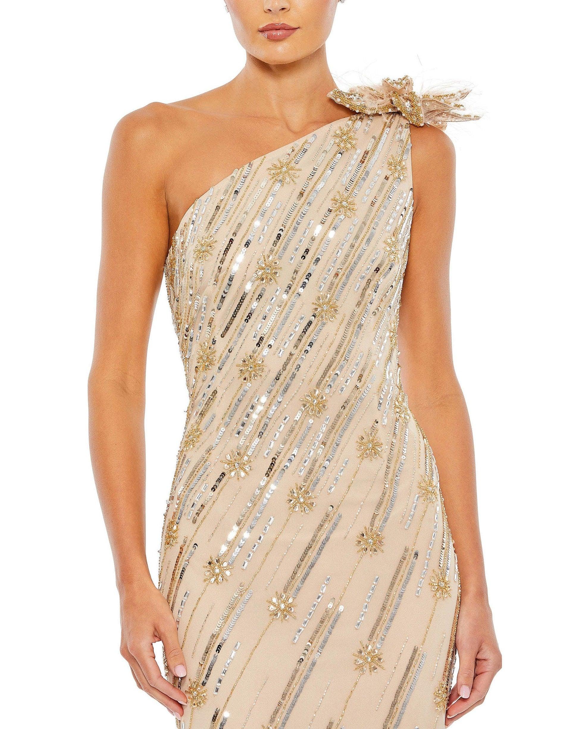 Mac Duggal - Gold Embellished Floral Detail One Shoulder Gown - Nude Gold / US 10 Mac Duggal - Gold Embellished Floral Detail One Shoulder Gown - Nude Gold / US 10