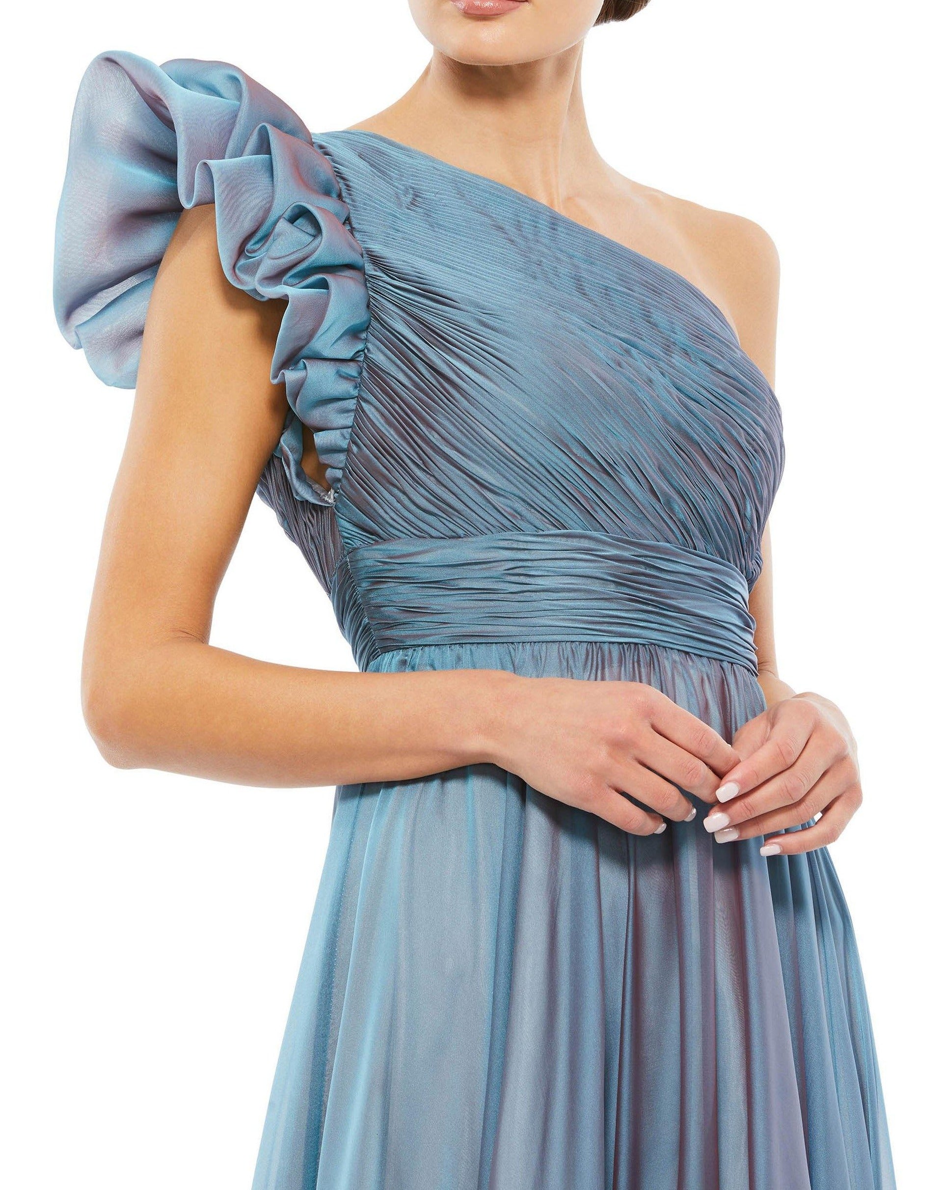strapless open back dress Long One-Shoulder Ruffled Sleeve Gown by Mac Duggal 67878 – The Dress Outlet