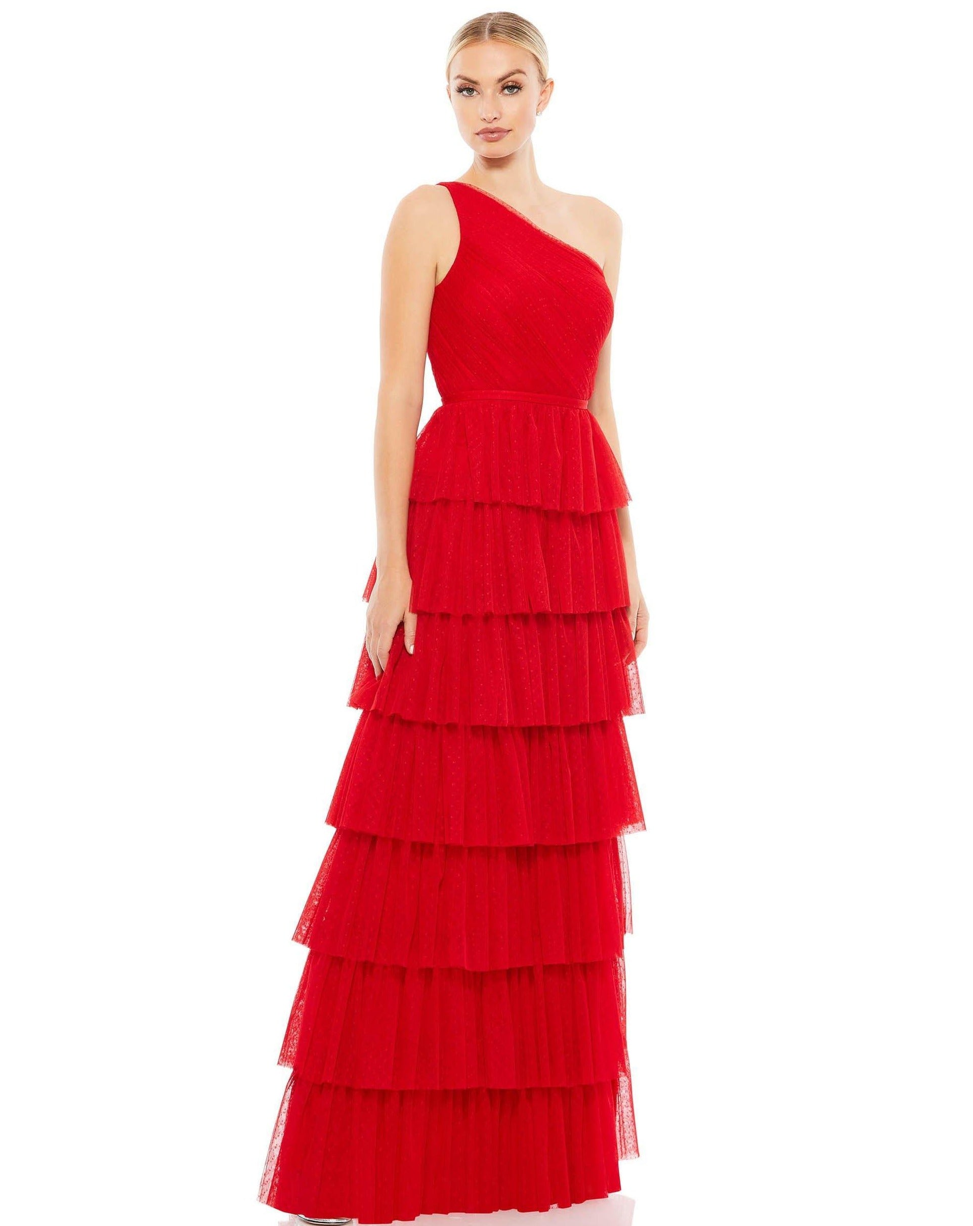 mac duggal red dress Mac Duggal 49102 Long One Shoulder Tiered Dress