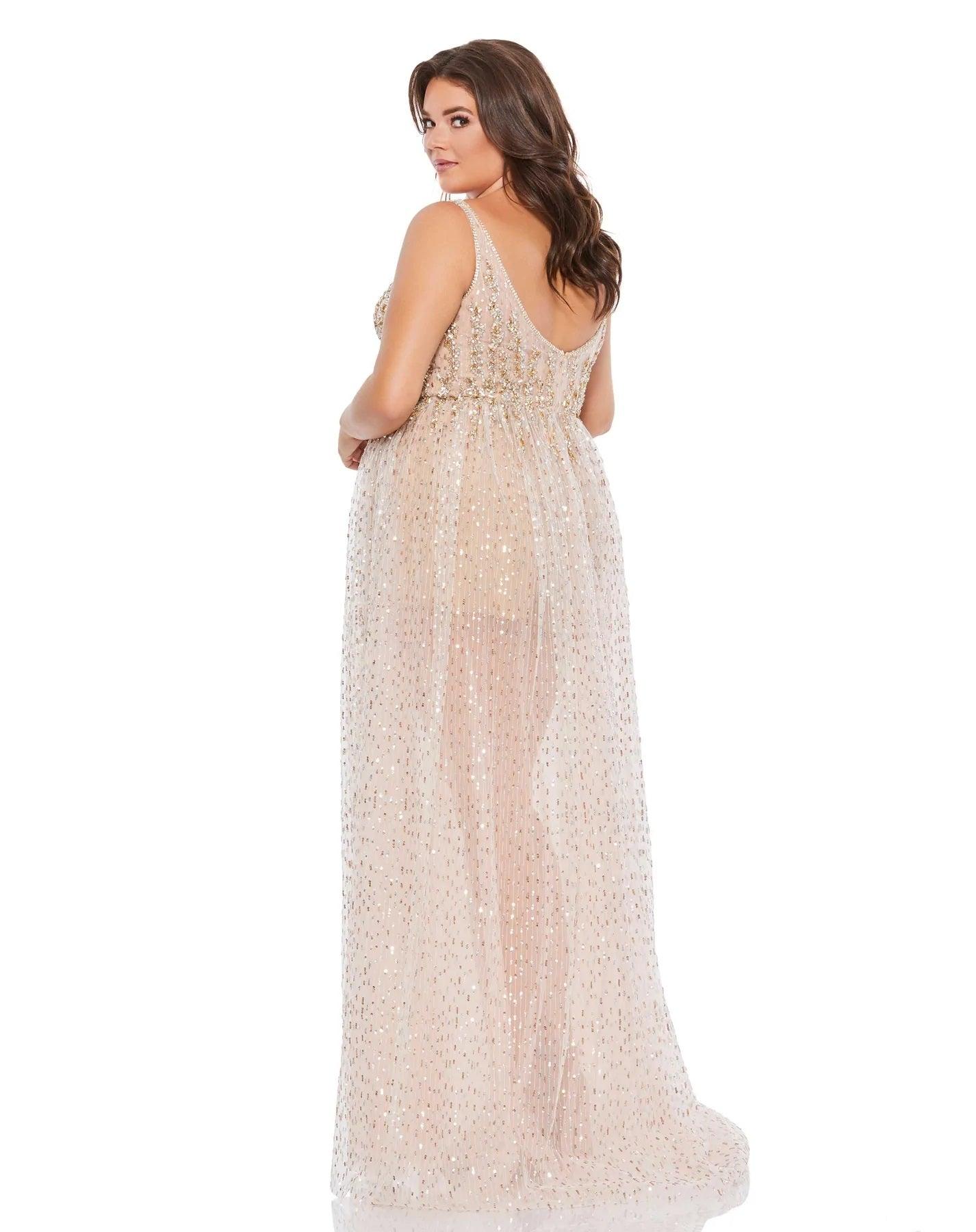Nude Gold Mac Duggal 67742 Long Plus Size Prom Formal Gown for $269.0 – The Dress Outlet