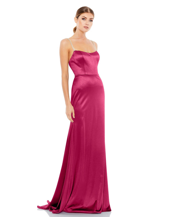 Long Prom Beaded Straps Satin Gown Beaded Straps Mac Duggal 12428