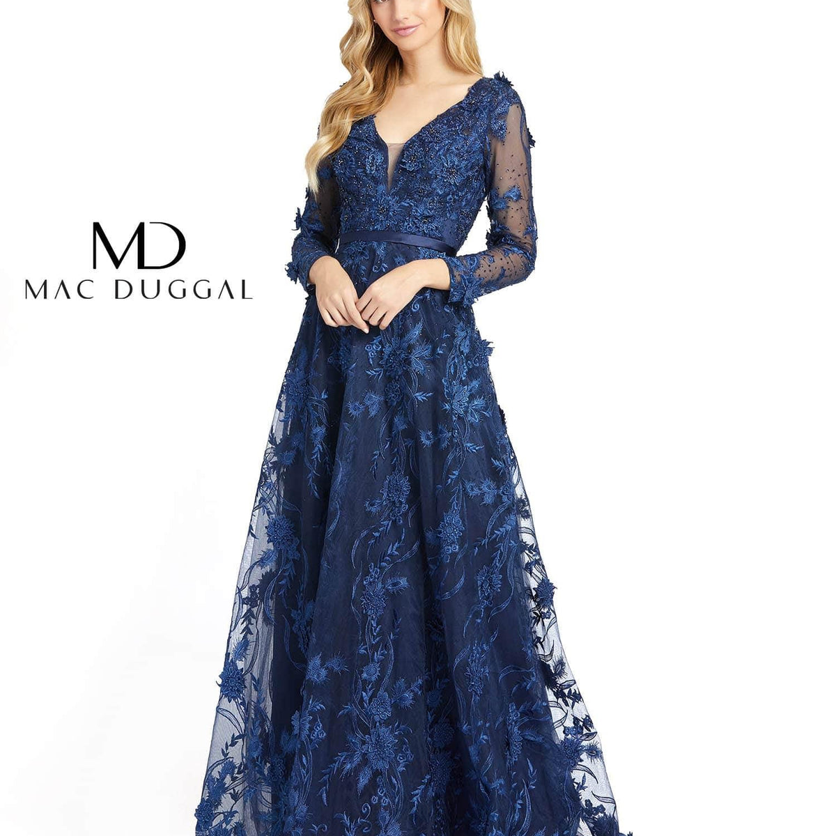 Long Sleeve A Line Floral Evening Dress Floral Print Mac Duggal