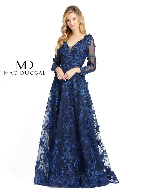 Long Sleeve A Line Floral Evening Dress Floral Print Mac Duggal