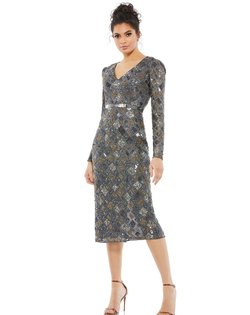 Charcoal Mac Duggal 5472 Long Sleeve Beaded Cocktail Dress for $249.0 ...