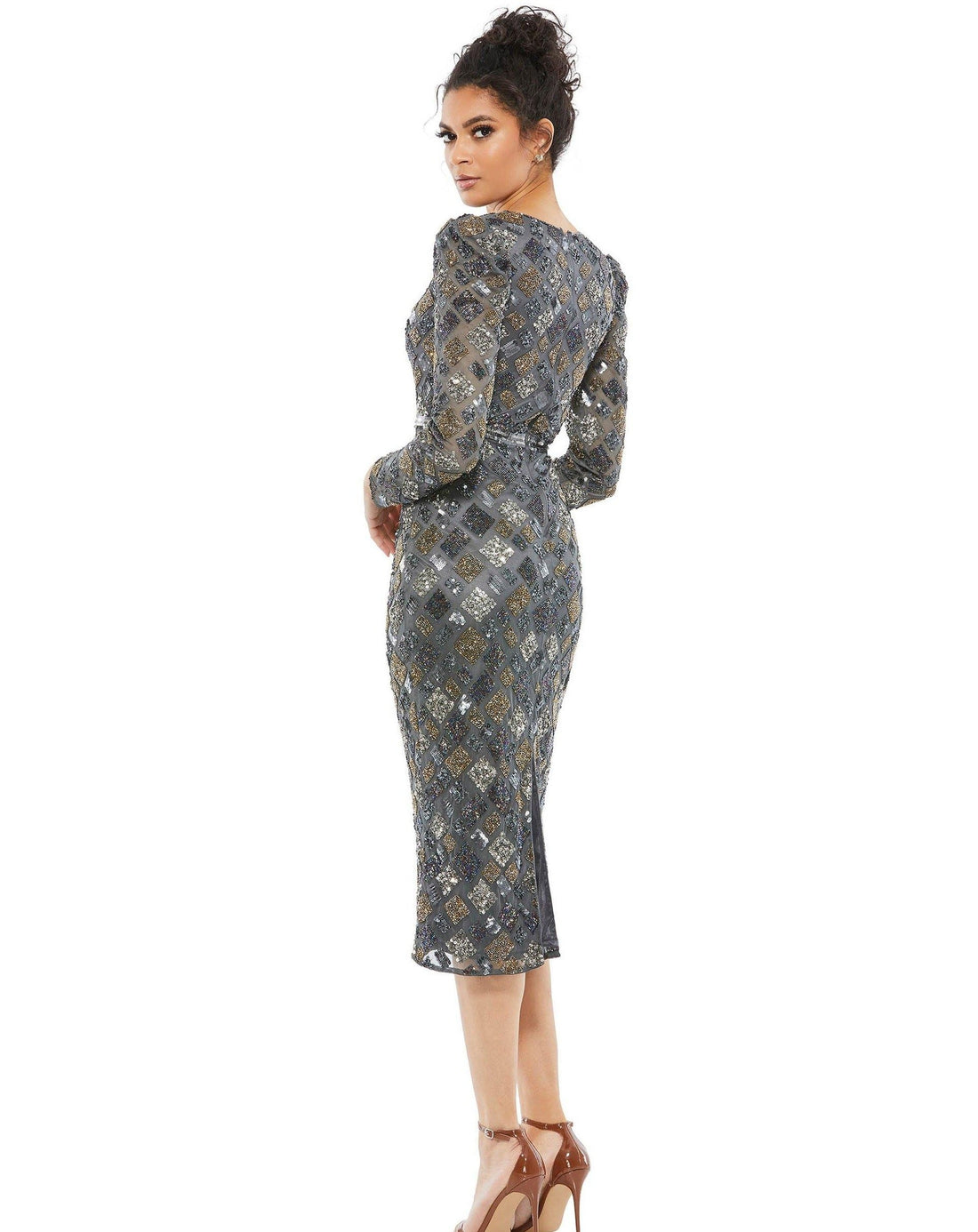 Charcoal Mac Duggal 5472 Long Sleeve Beaded Cocktail Dress for $249.0 ...