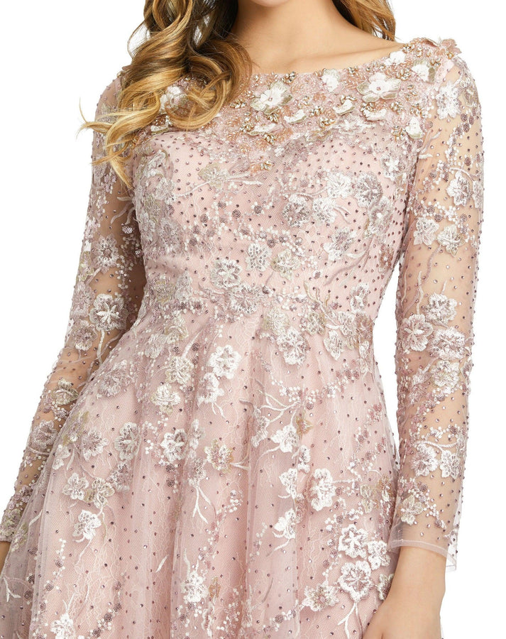 Mac Duggal 67501 Long Sleeve Beaded Floral Dress | The Dress Outlet
