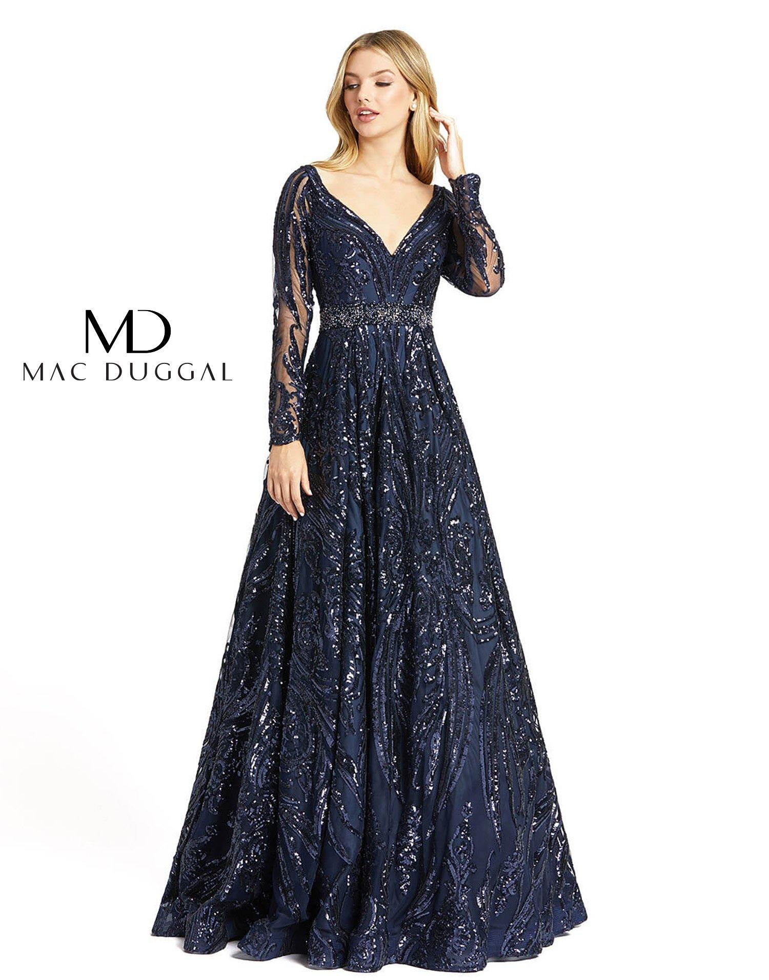 Mac Duggal Long Sleeve Embellished V Neck Ball Gown - The Dress Outlet