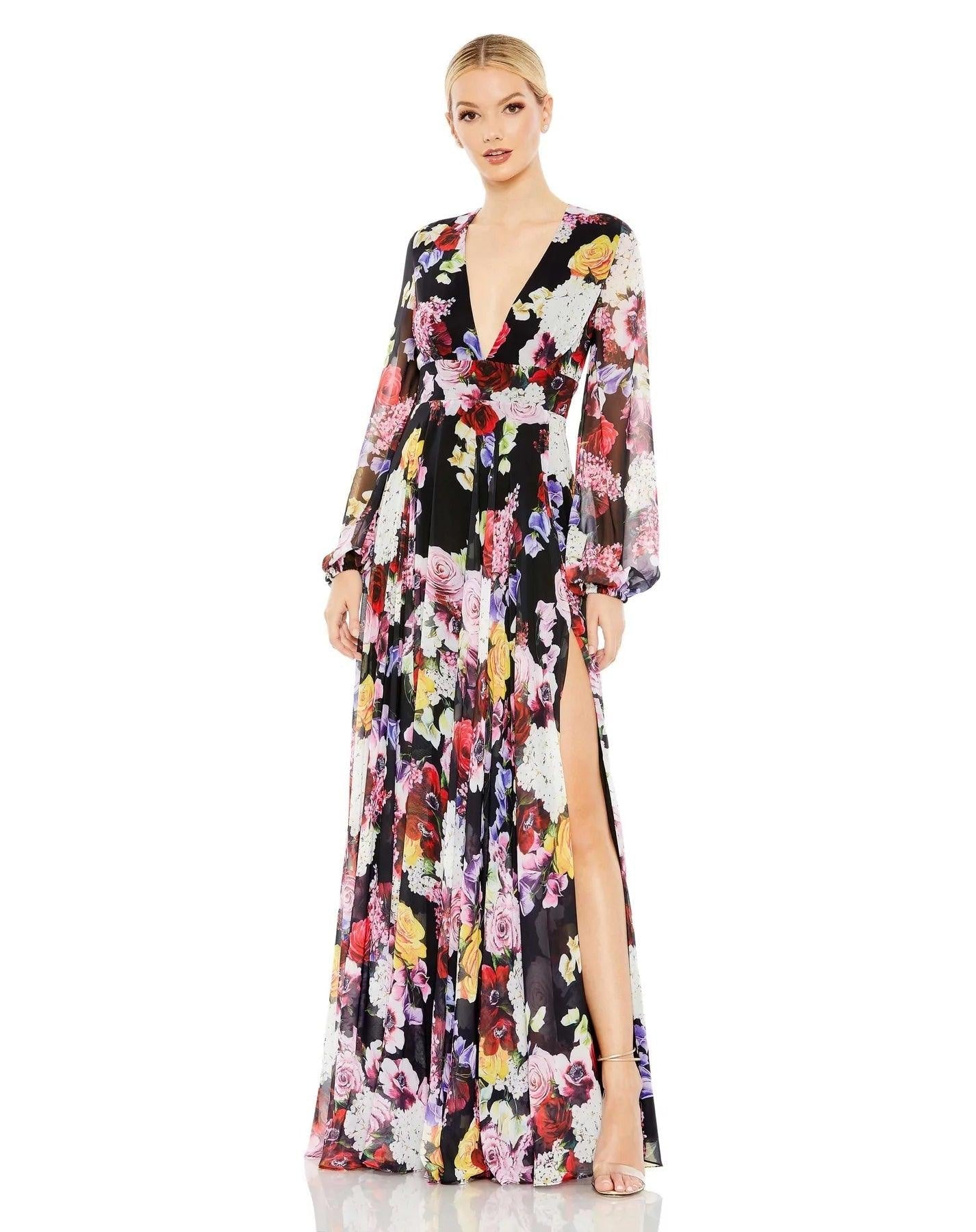 Mac Duggal 55660 Long Sleeve Floral Chiffon Dress | The Dress Outlet Mac Duggal 55660 Long Sleeve Floral Chiffon Dress | The Dress Outlet