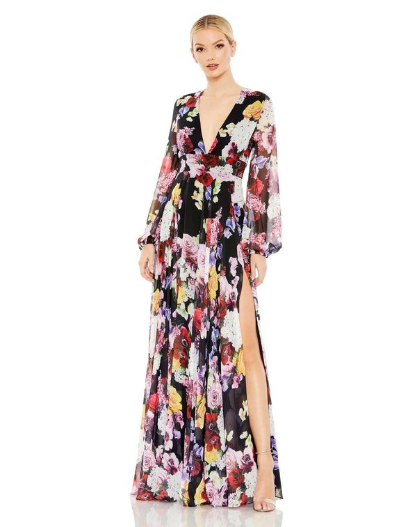 Long Sleeve Floral Chiffon Dress Floral Chiffon Detail Mac Duggal 55660