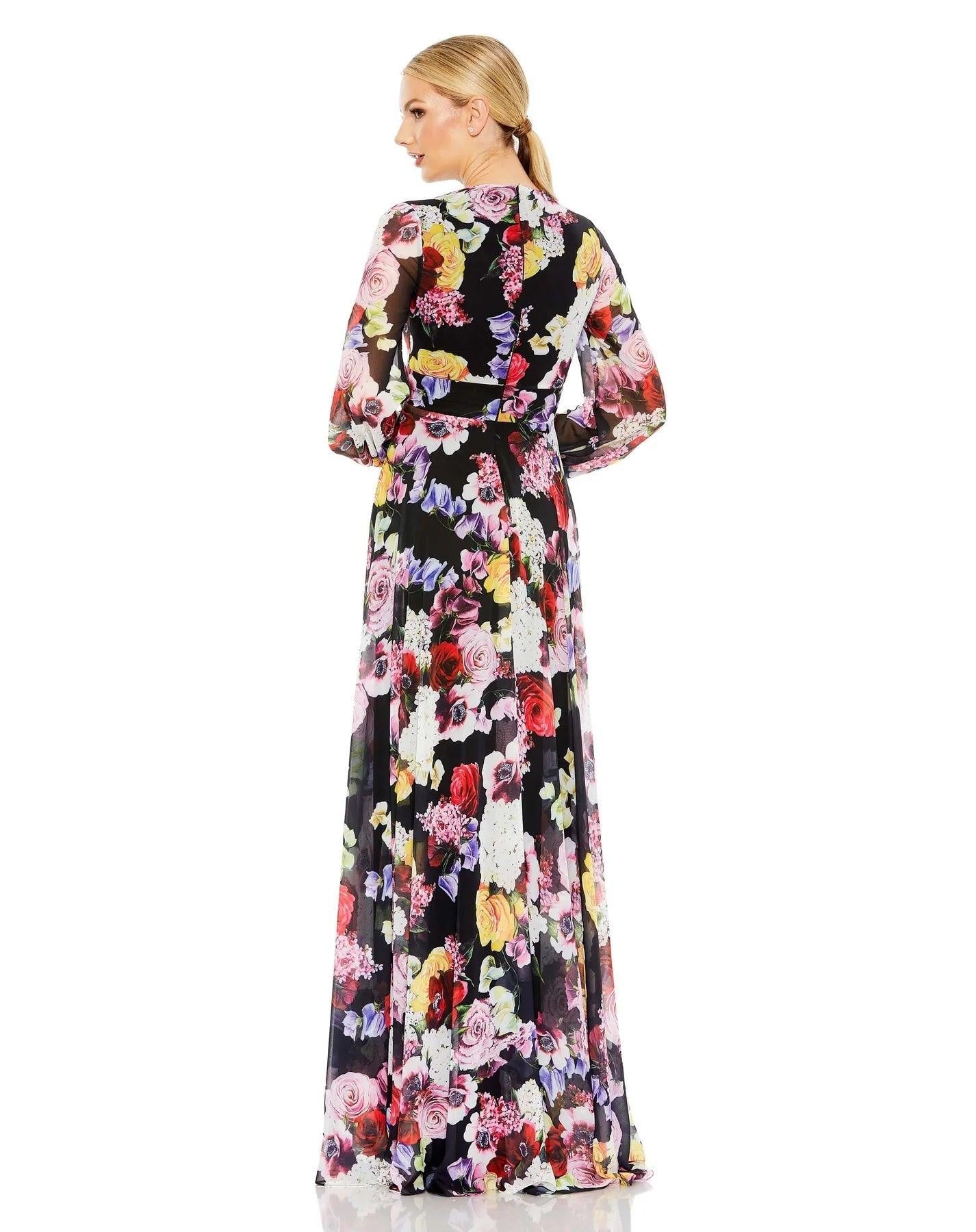 knee length dresses for ladies Mac Duggal 55660 Long Sleeve Floral Chiffon Dress