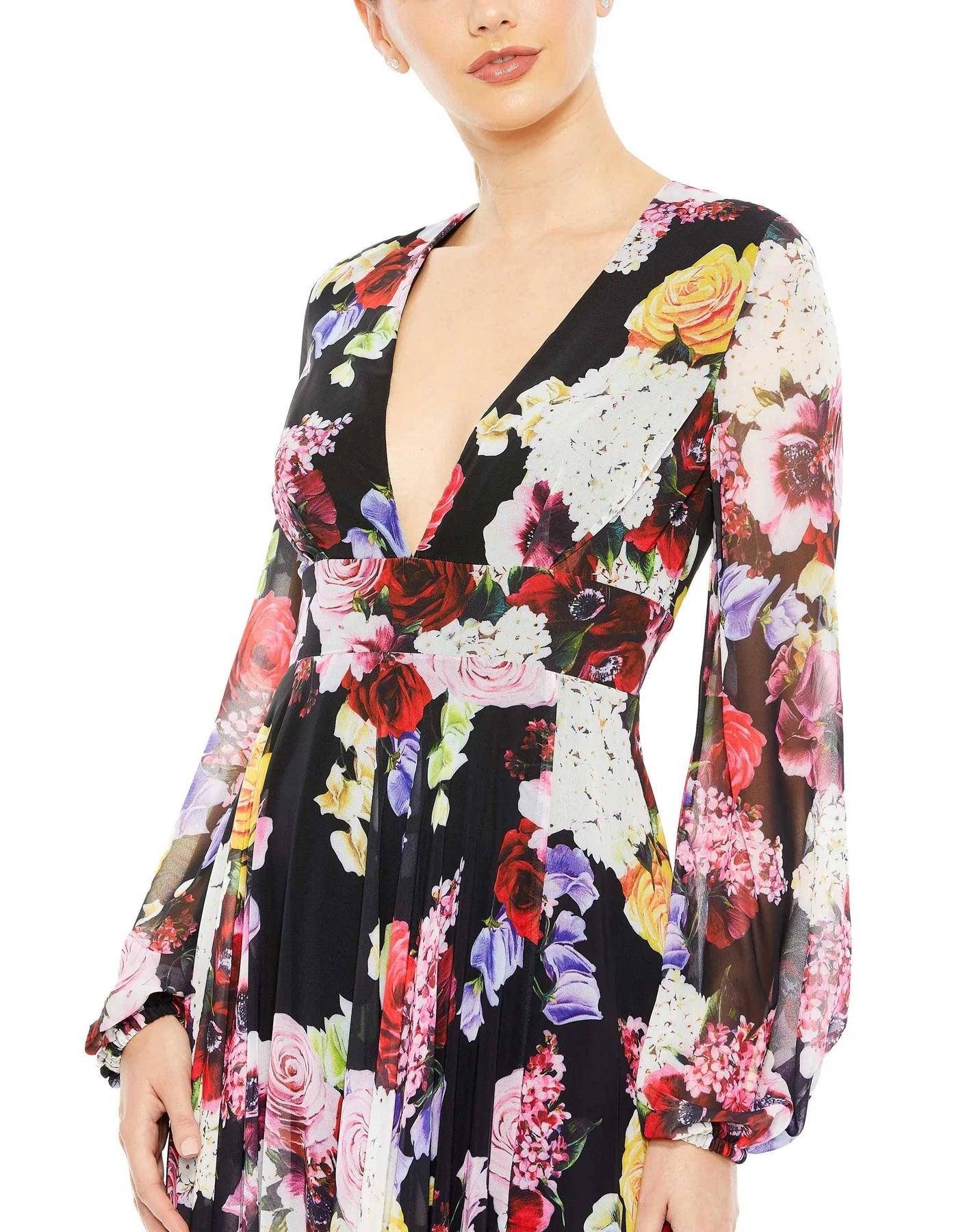 Black Multi Mac Duggal 55660 Long Sleeve Floral Chiffon Dress - Formal ...