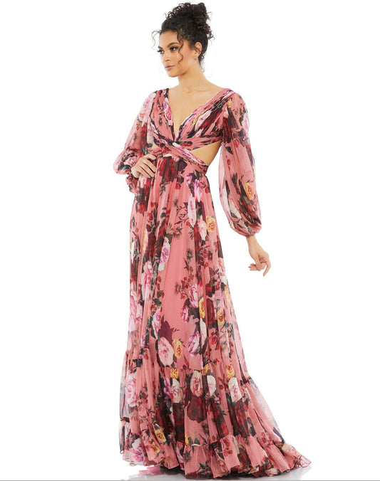 Mac Duggal Long Sleeve Floral Chiffon Dress 67946 - The Dress Outlet