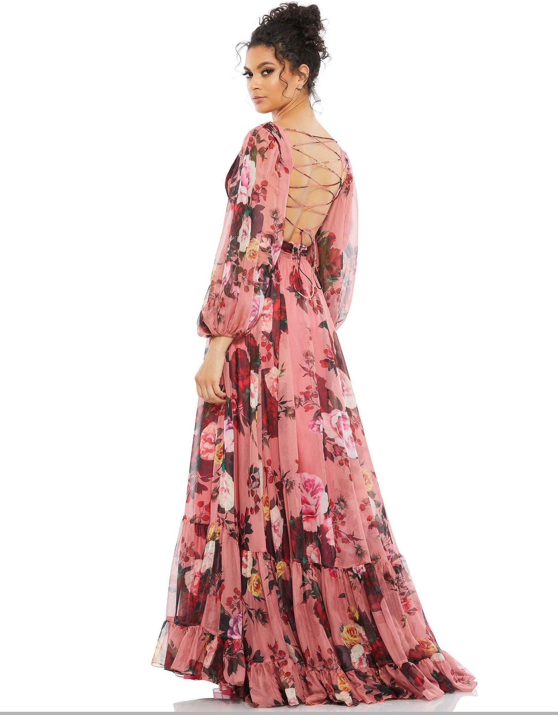 knee length dresses for ladies Mac Duggal 55660 Long Sleeve Floral Chiffon Dress main image 0