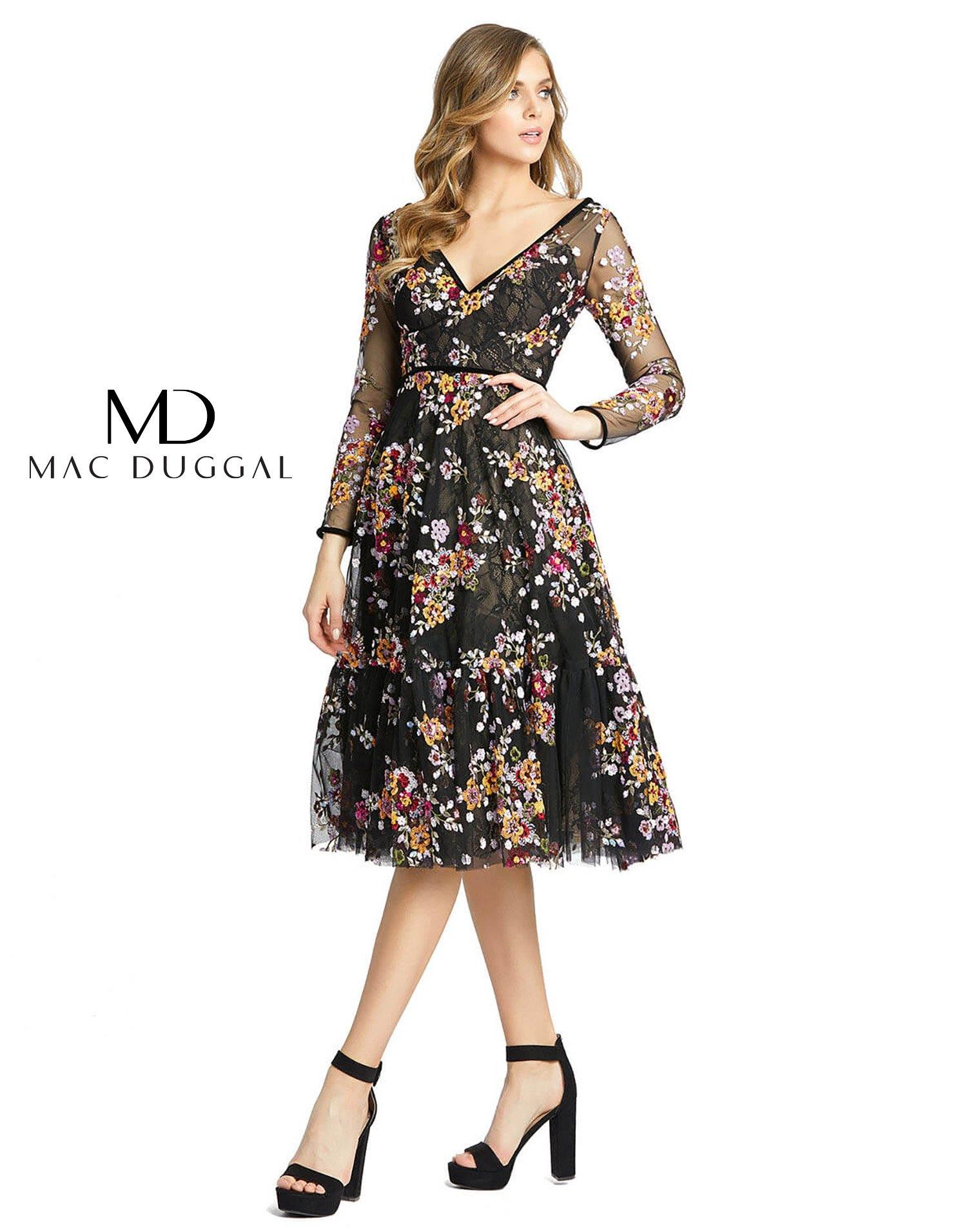 Mac Duggal Black Floral Embroidered Tea Length Dress - Black Multi - 2 Mac Duggal Black Floral Embroidered Tea Length Dress - Black Multi - 2