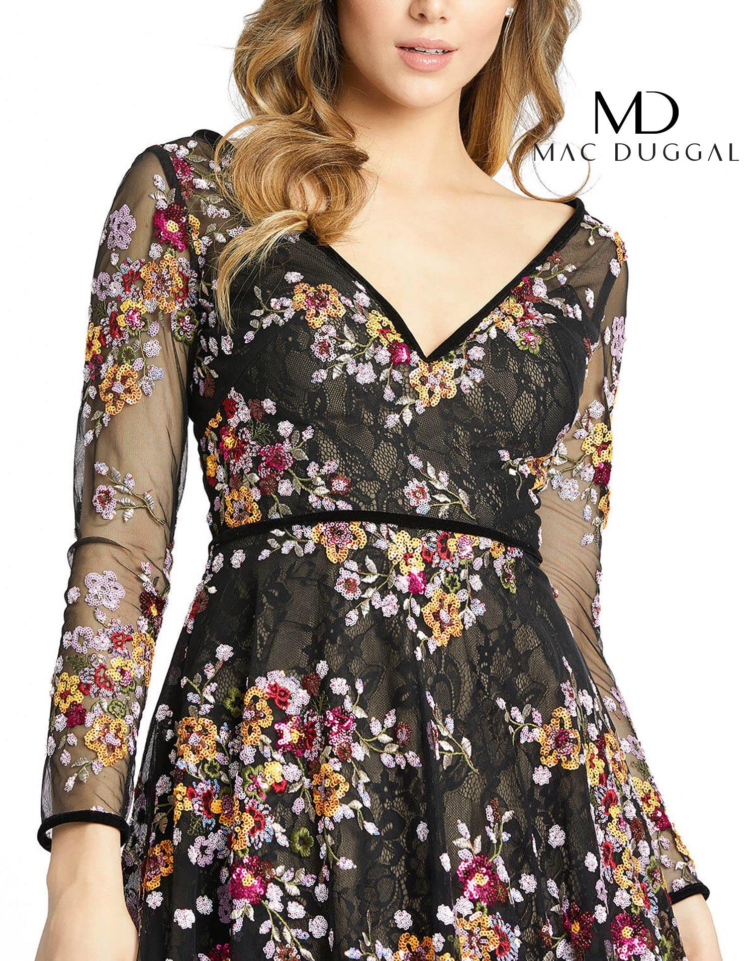 Black Multi Mac Duggal 67499 Long Sleeve Floral Cocktail Dress