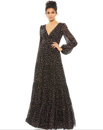Mac Duggal Long Sleeve Floral Formal Dress Black Multi