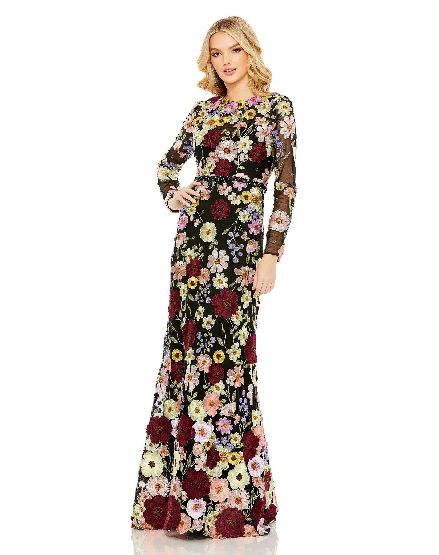 Long Sleeve Floral Formal Dress Floral Detail Mac Duggal 68201