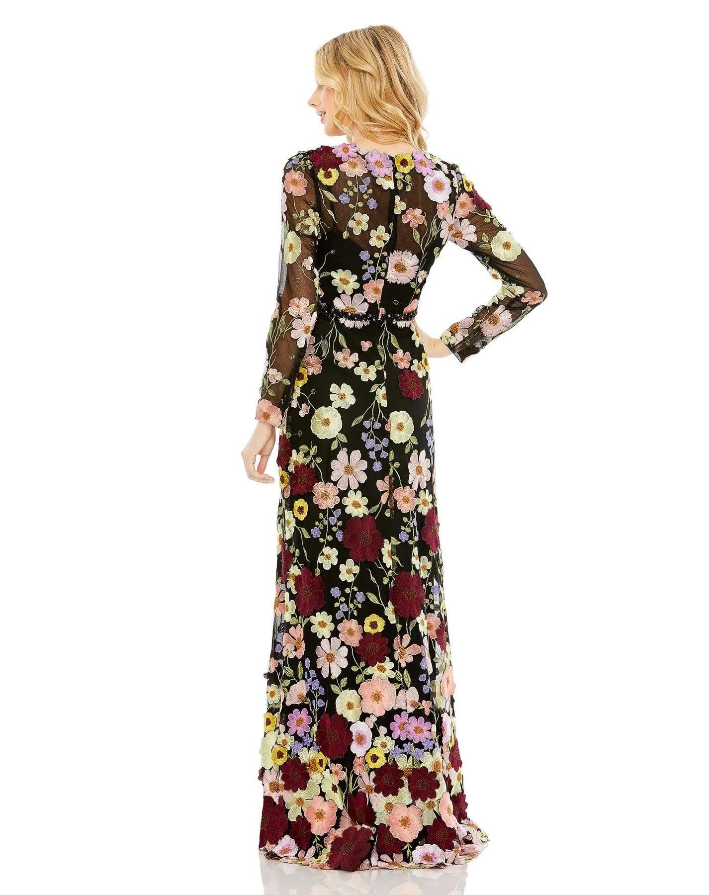 Mac Duggal Long Sleeve Floral Formal Dress 68201 - The Dress Outlet