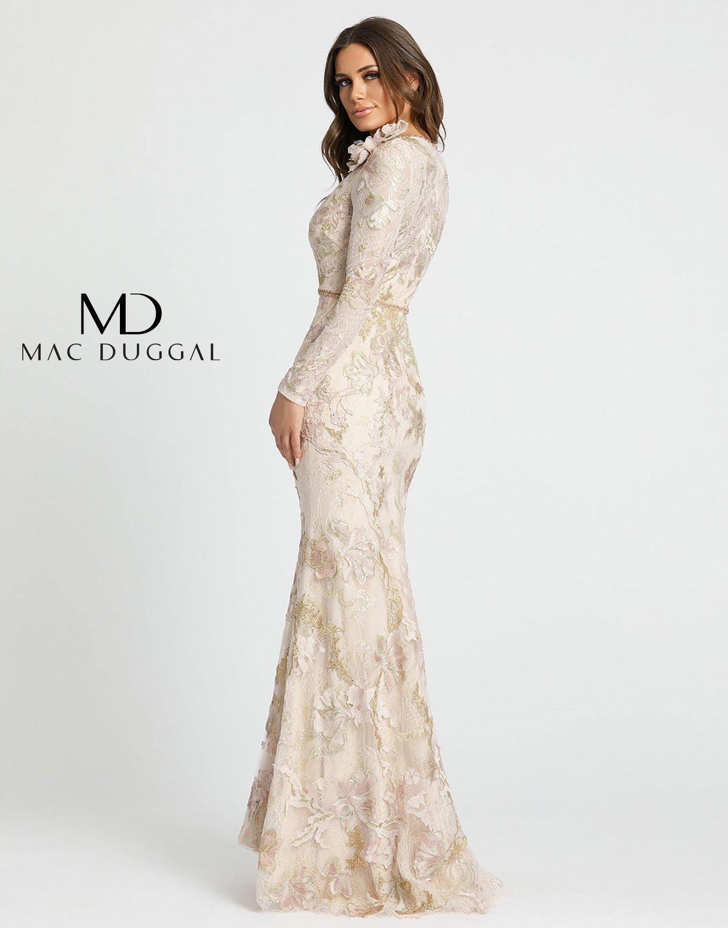 Mac Duggal Long Sleeve Floral Lace Formal Gown Blush