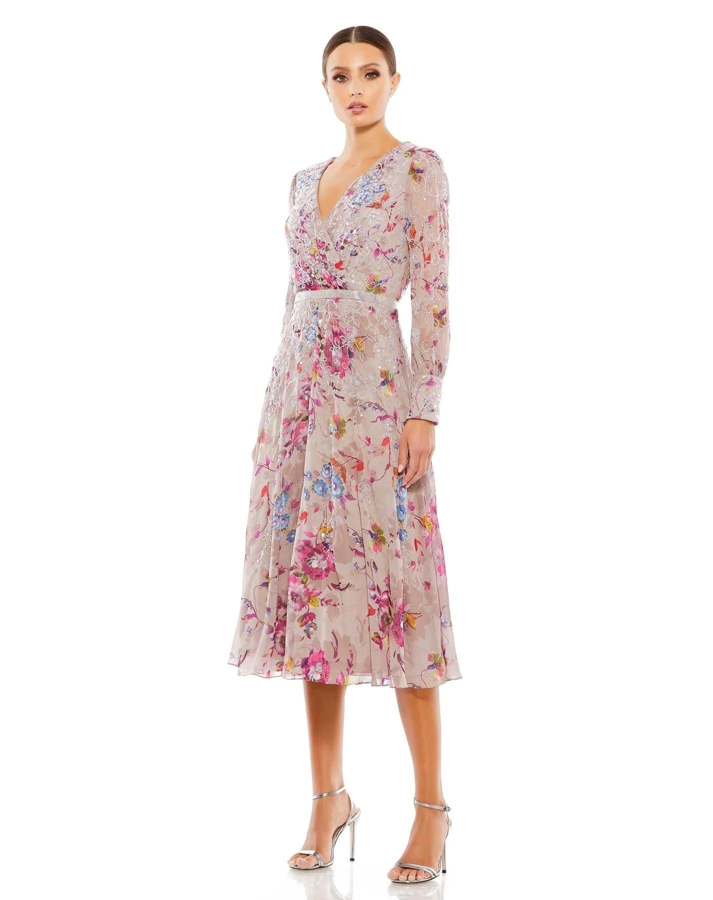 Mac Duggal Embellished Floral Long Sleeve Midi Dress - Mauve Multi Mac Duggal Embellished Floral Long Sleeve Midi Dress - Mauve Multi