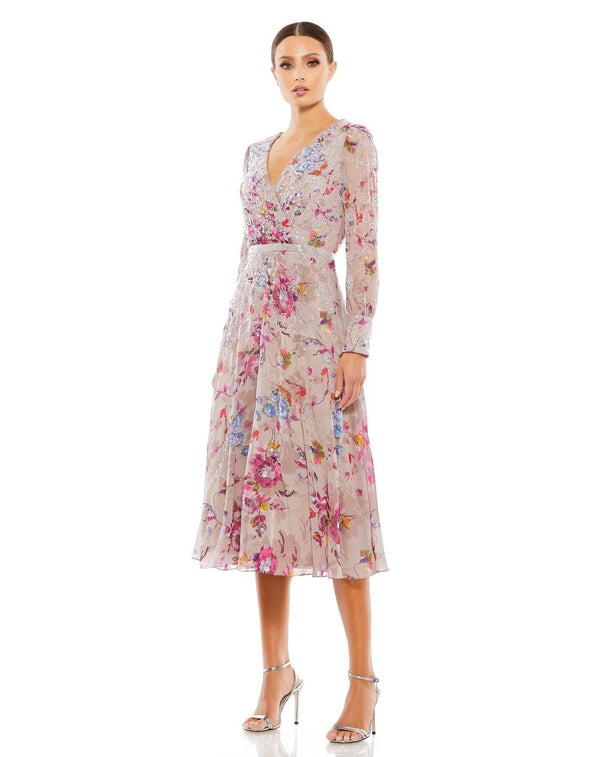 Long Sleeve Floral Print Midi Dress Floral Print Mac Duggal 9147