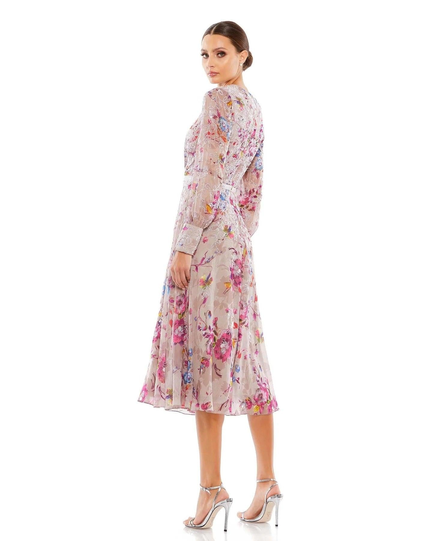 Mac Duggal Embellished Floral Long Sleeve Midi Dress - Mauve Multi