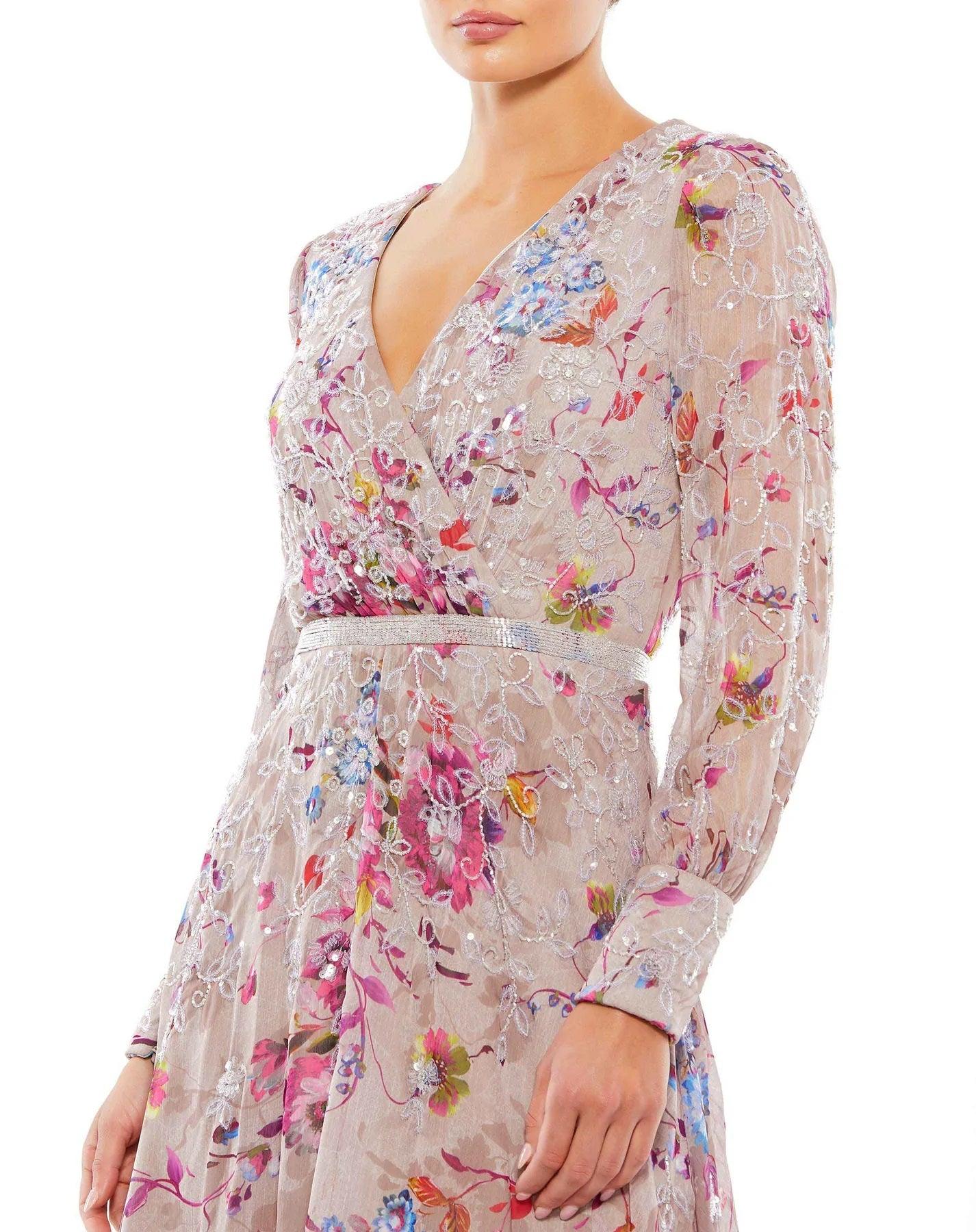 Mac Duggal Long Sleeve Floral Print Midi Dress 9147 - The Dress Outlet