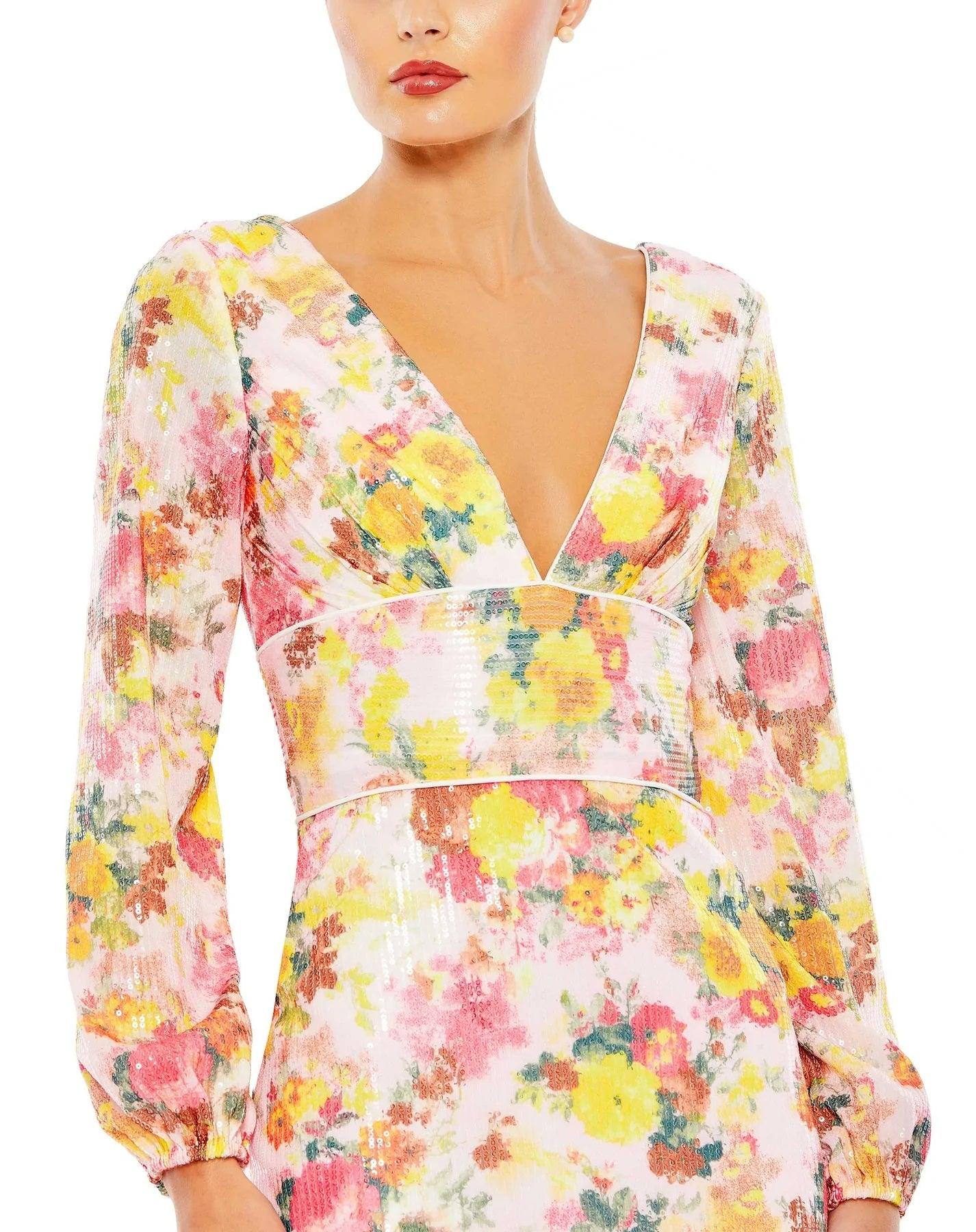 Mac Duggal Long Sleeve Floral Short Dress 55798 - The Dress Outlet