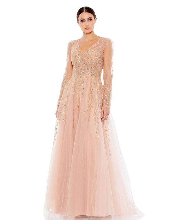 Long Sleeve Formal Beaded Dress Beaded Detail Mac Duggal 20295