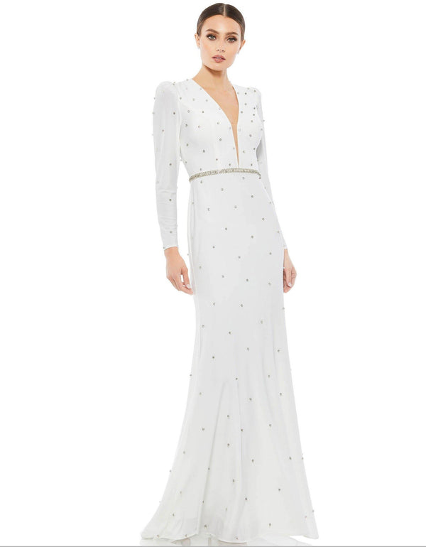 White Mac Duggal 67874 Long Sleeve Formal Beaded Dress for $258.0 – The ...