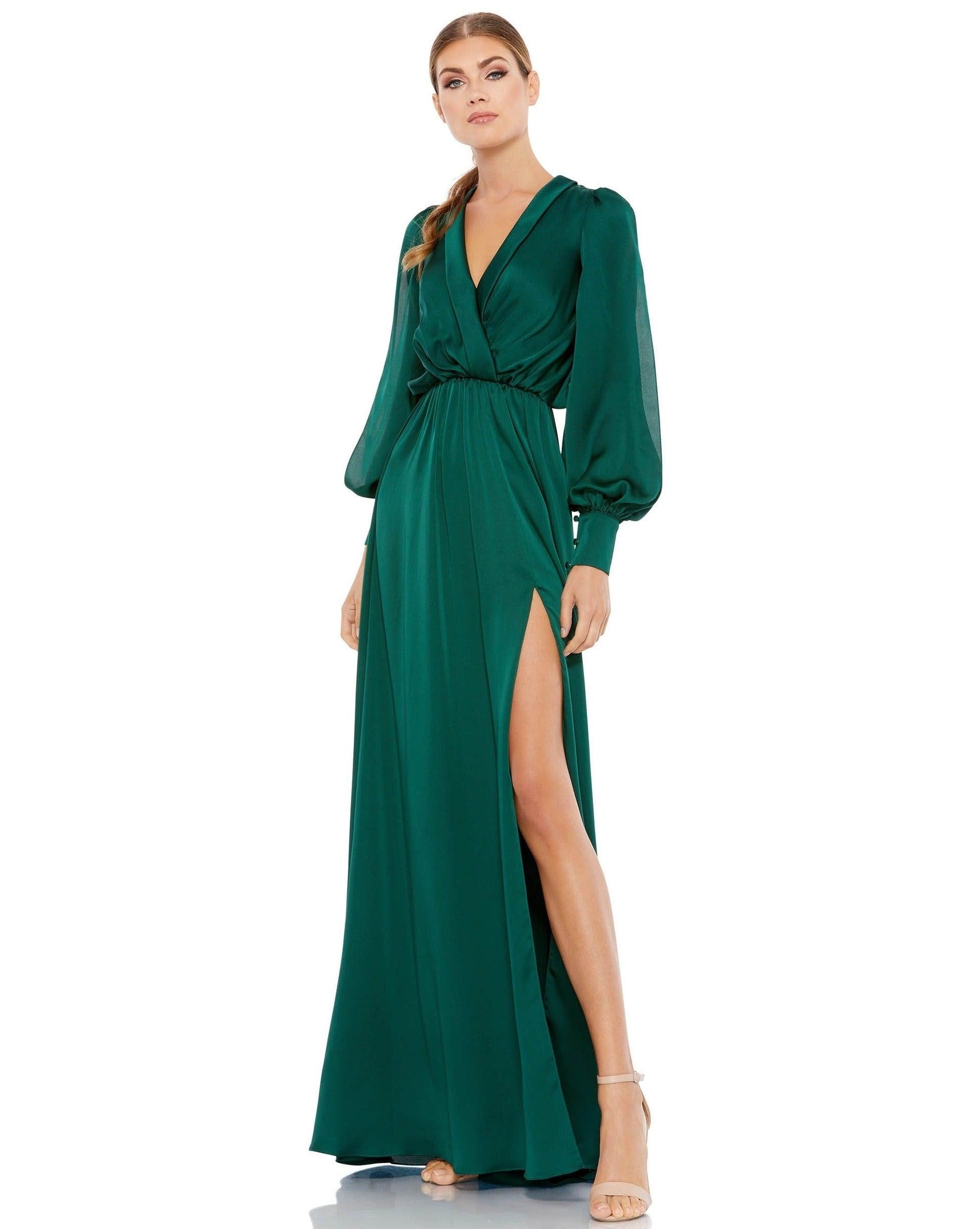 Bishop Sleeve Faux Wrap Gown - Mac Duggal Deep Emerald / US 2 Bishop Sleeve Faux Wrap Gown - Mac Duggal Deep Emerald / US 2