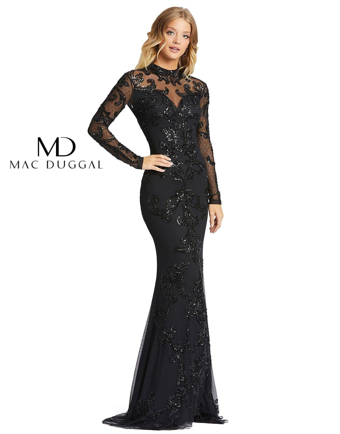 Black Mac Duggal Long Sleeve Formal Evening Lace Dress Sale for $698.0 – The Dress Outlet