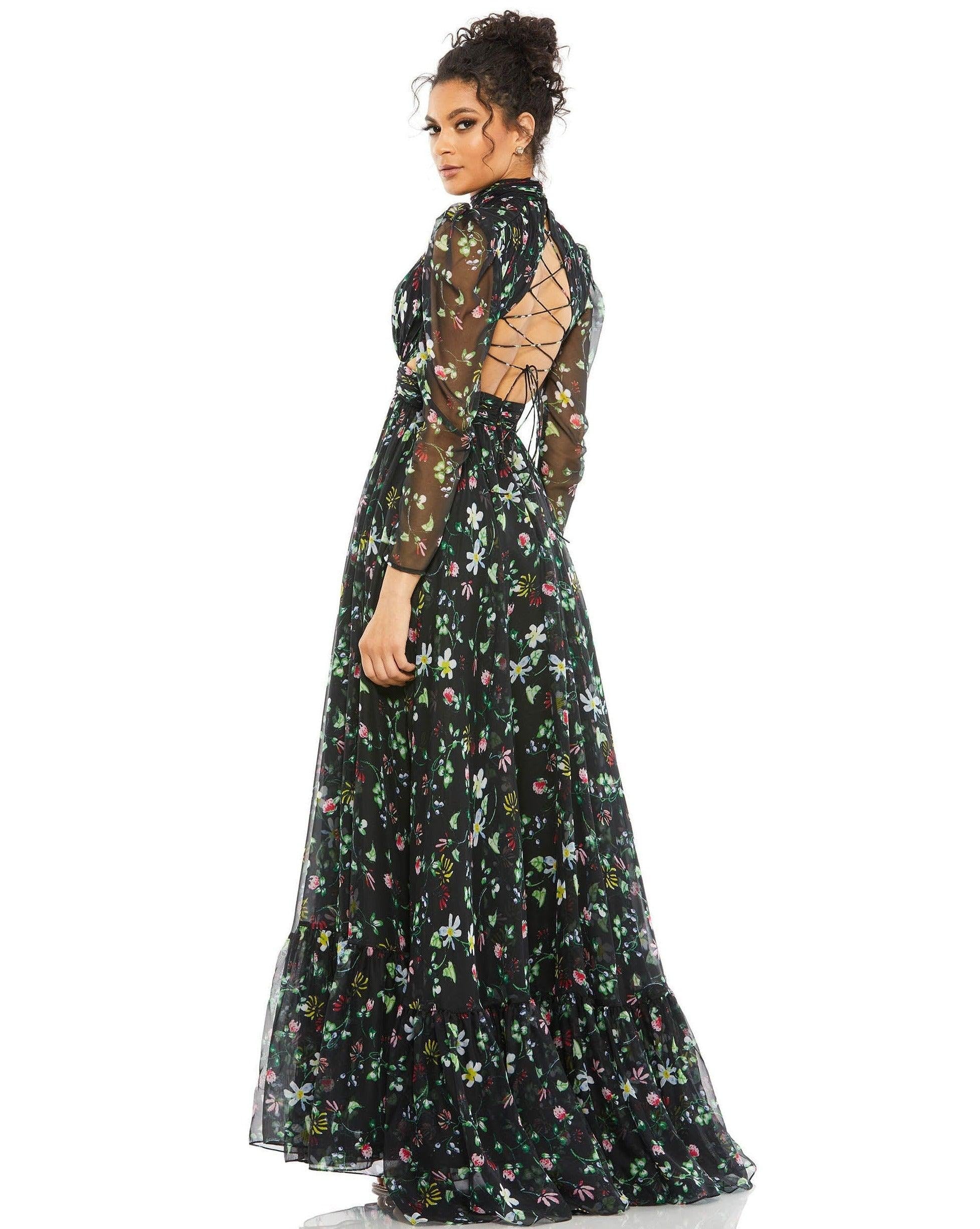 Black Floral Mac Duggal 67942 Long Sleeve Formal Floral Dress