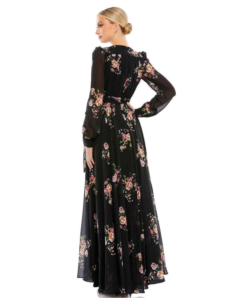 Black Multi Mac Duggal 55661 Long Sleeve Formal Long Floral Dress for $398.0 – The Dress Outlet