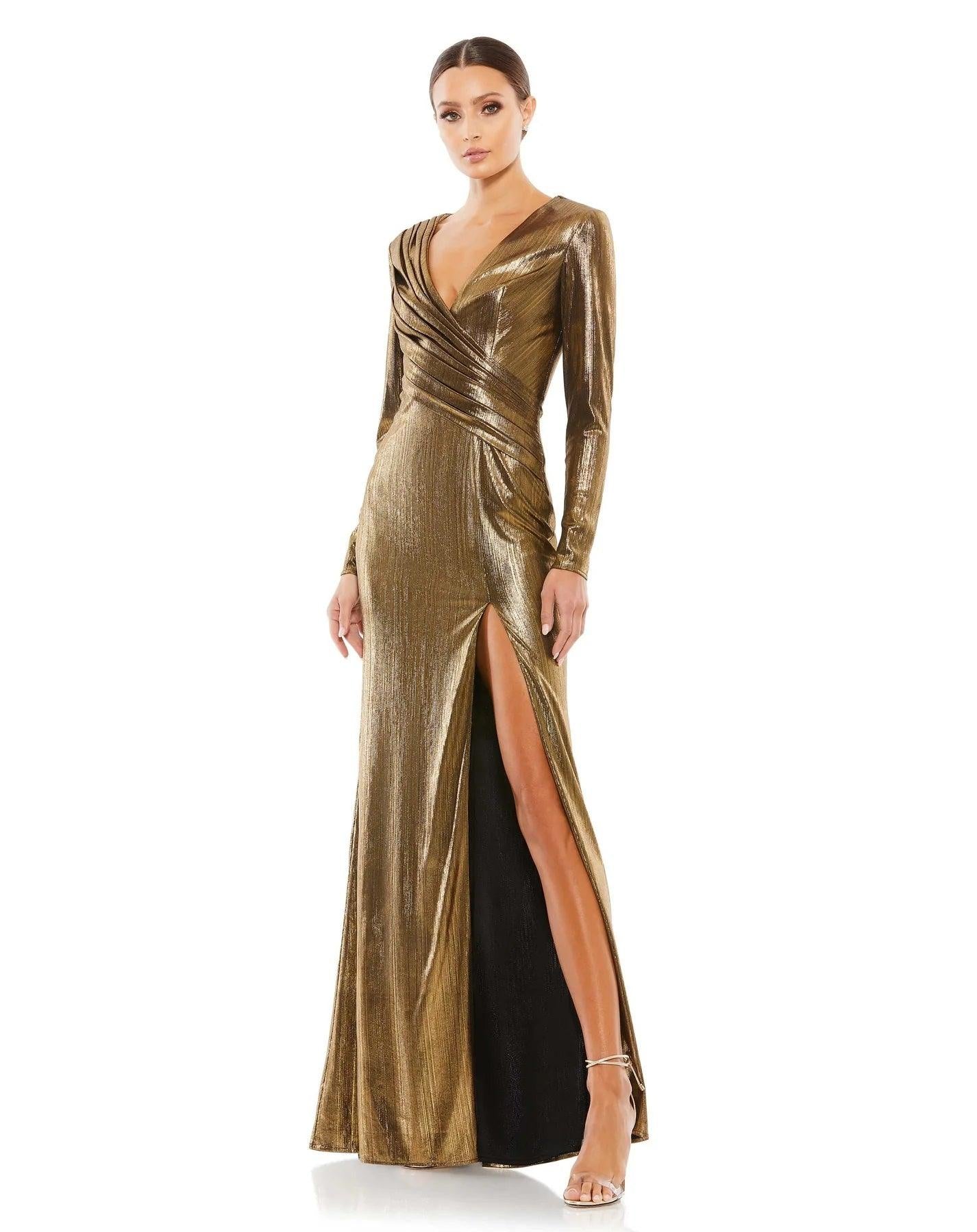 Mac Duggal Metallic Long-Sleeve Asymmetrical Ruched Gown - Gold Mac Duggal Metallic Long-Sleeve Asymmetrical Ruched Gown - Gold