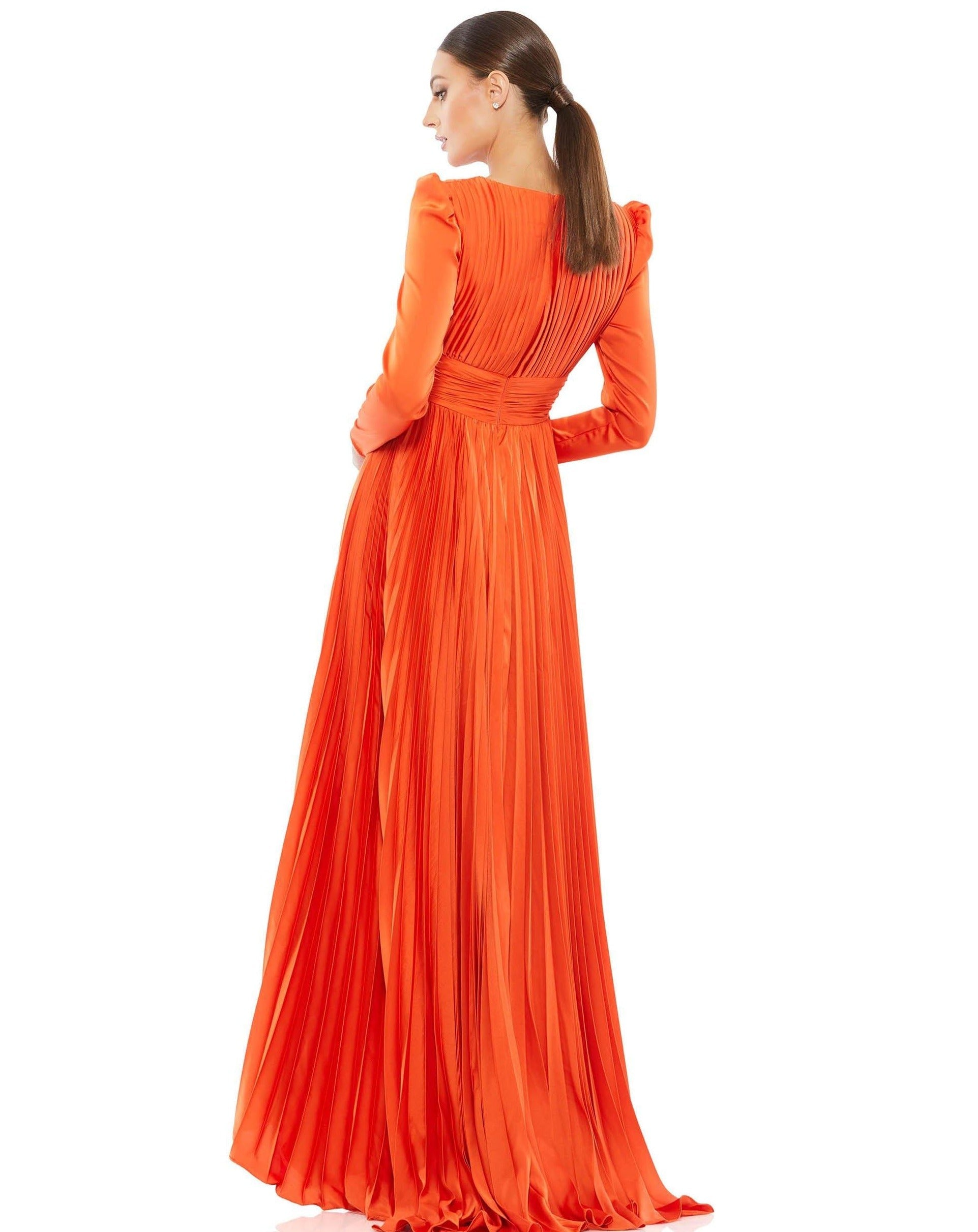 orange pleated dress Mac Duggal 26542 Long Sleeve Formal Pleated Dress