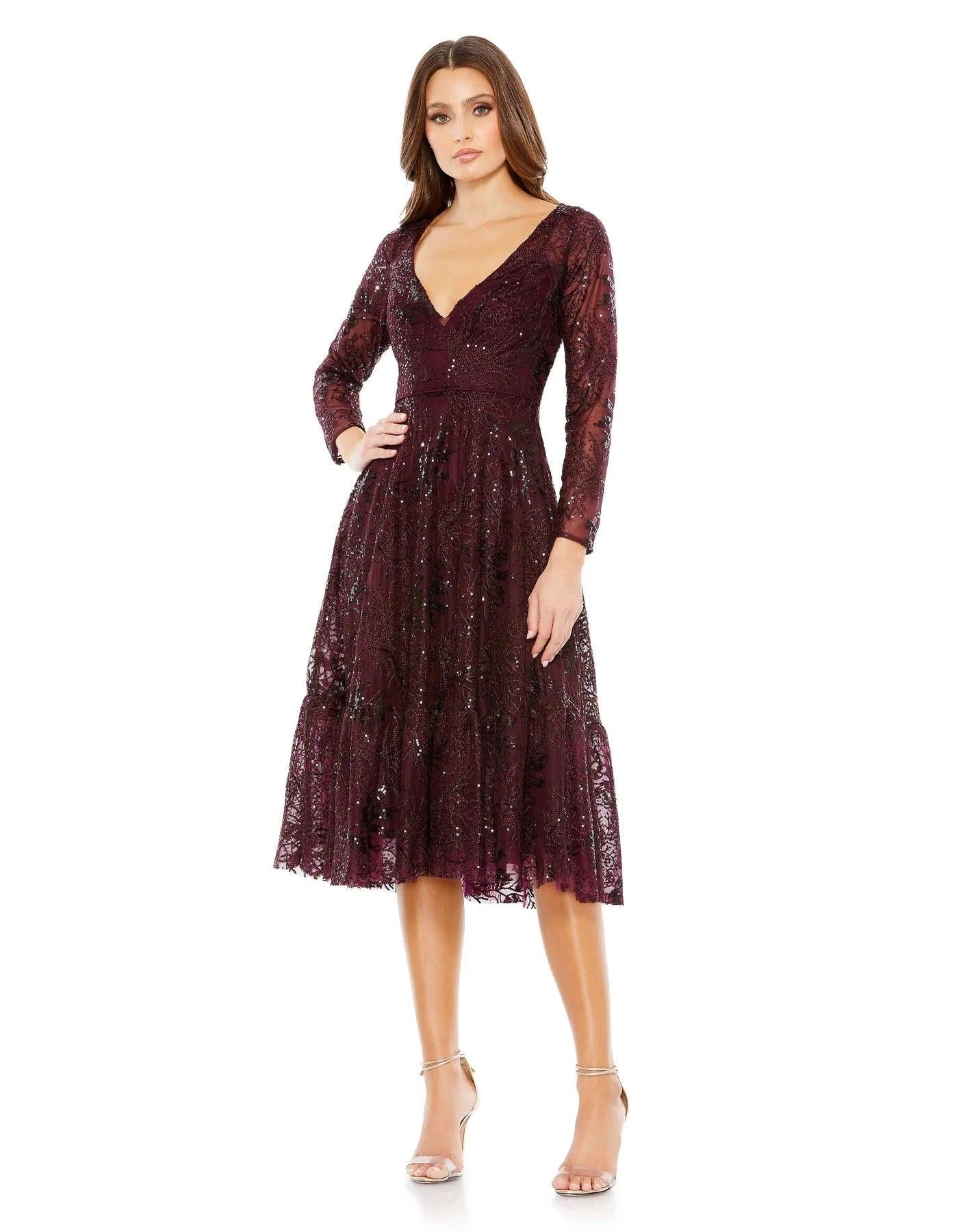 Mac Duggal Long Sleeve Lace Midi Dress 68001 - The Dress Outlet