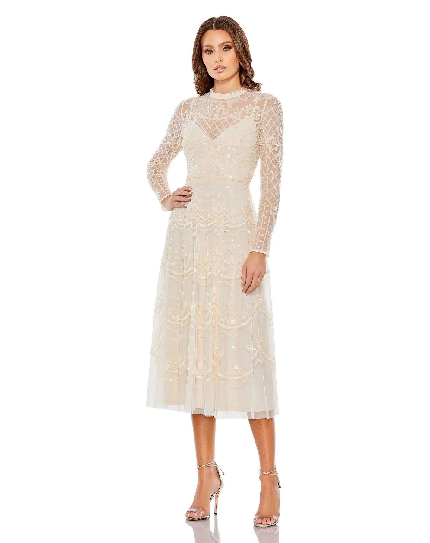 white christmas dresses ever BRISTOL|Glitter Long Sleeve V-Neck A-Line Midi Wedding Guest Dress