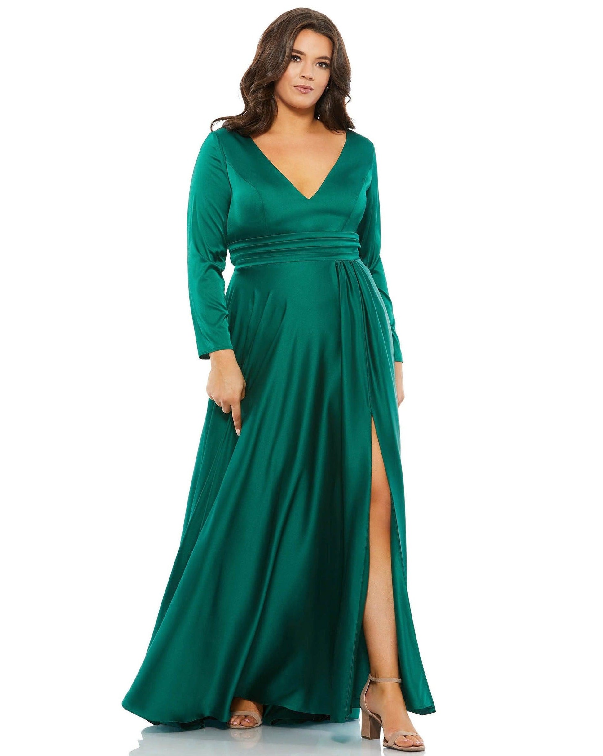 Mac Duggal 55290 Long Sleeve Plus Size Satin Dress