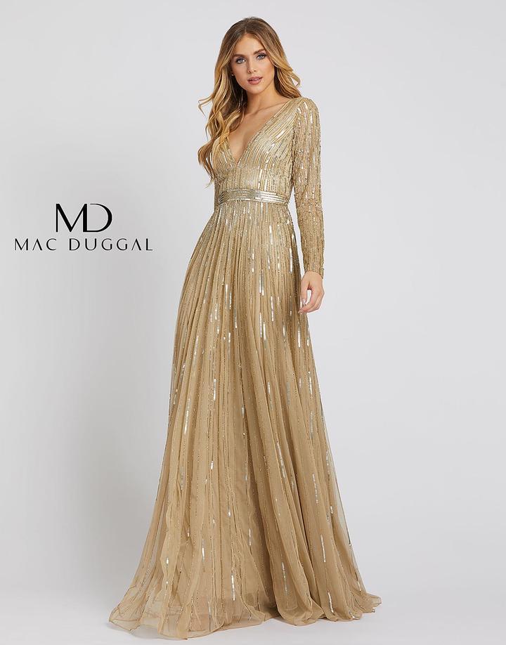 Mac Duggal Long Sleeve Sequins A Line Evening Dress - The Dress Outlet