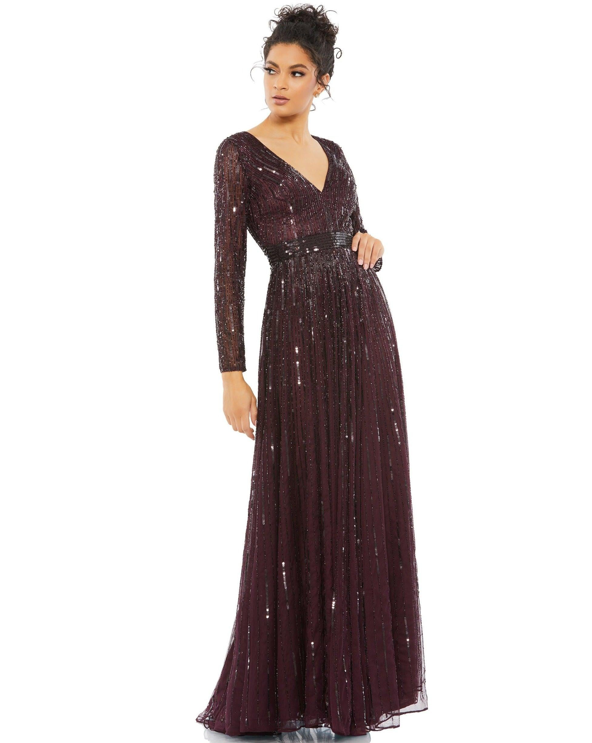 mac duggal evening - 11121d embroidered long sleeve a-line dress Mac Duggal Long Sleeve A-Line Floral Applique Gown Navy, Size 18