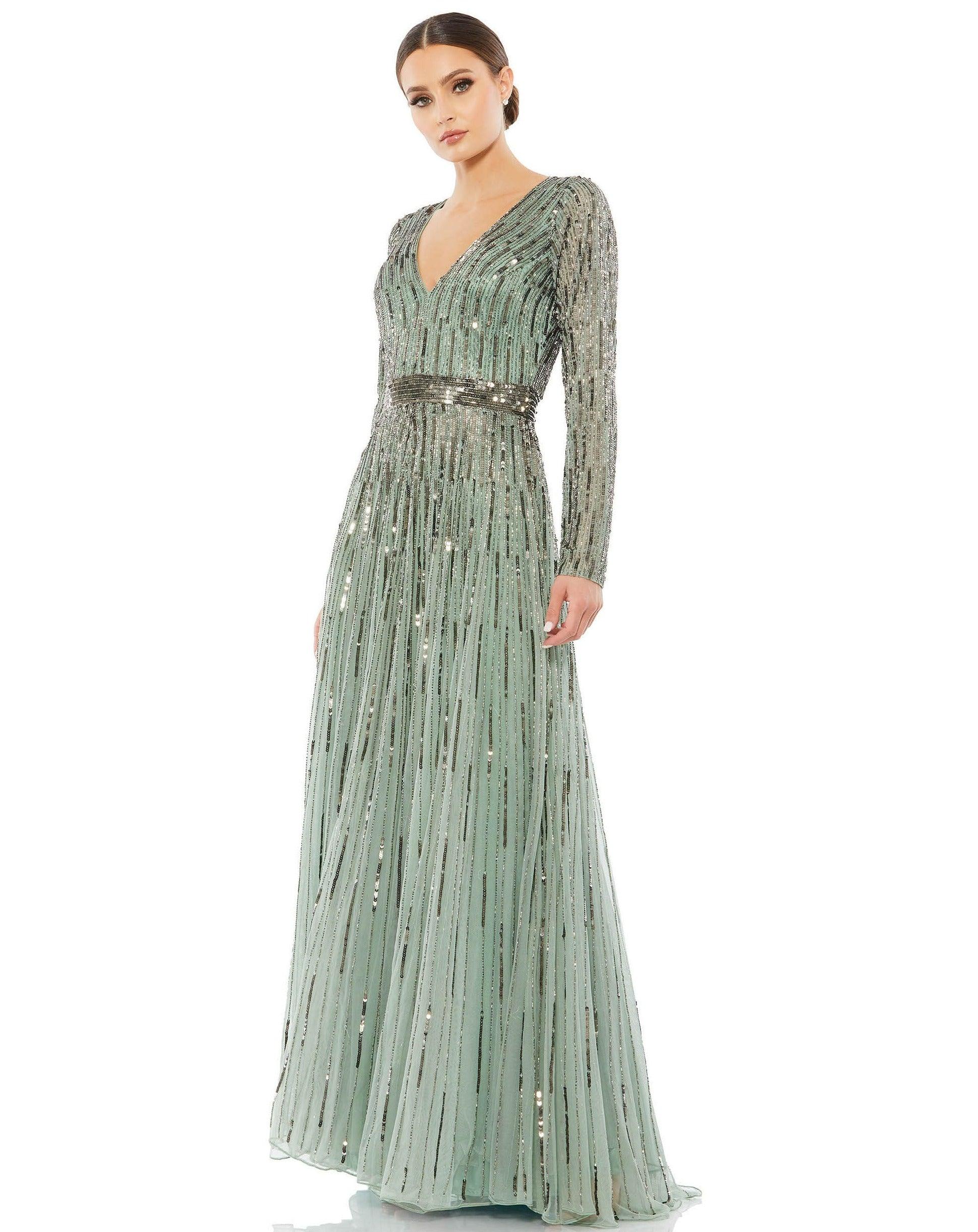 Women's MAC Duggal Long Sleeve Sequin & Bead Stripe Gown, Size 6 - Taupe Women's MAC Duggal Long Sleeve Sequin & Bead Stripe Gown, Size 6 - Taupe