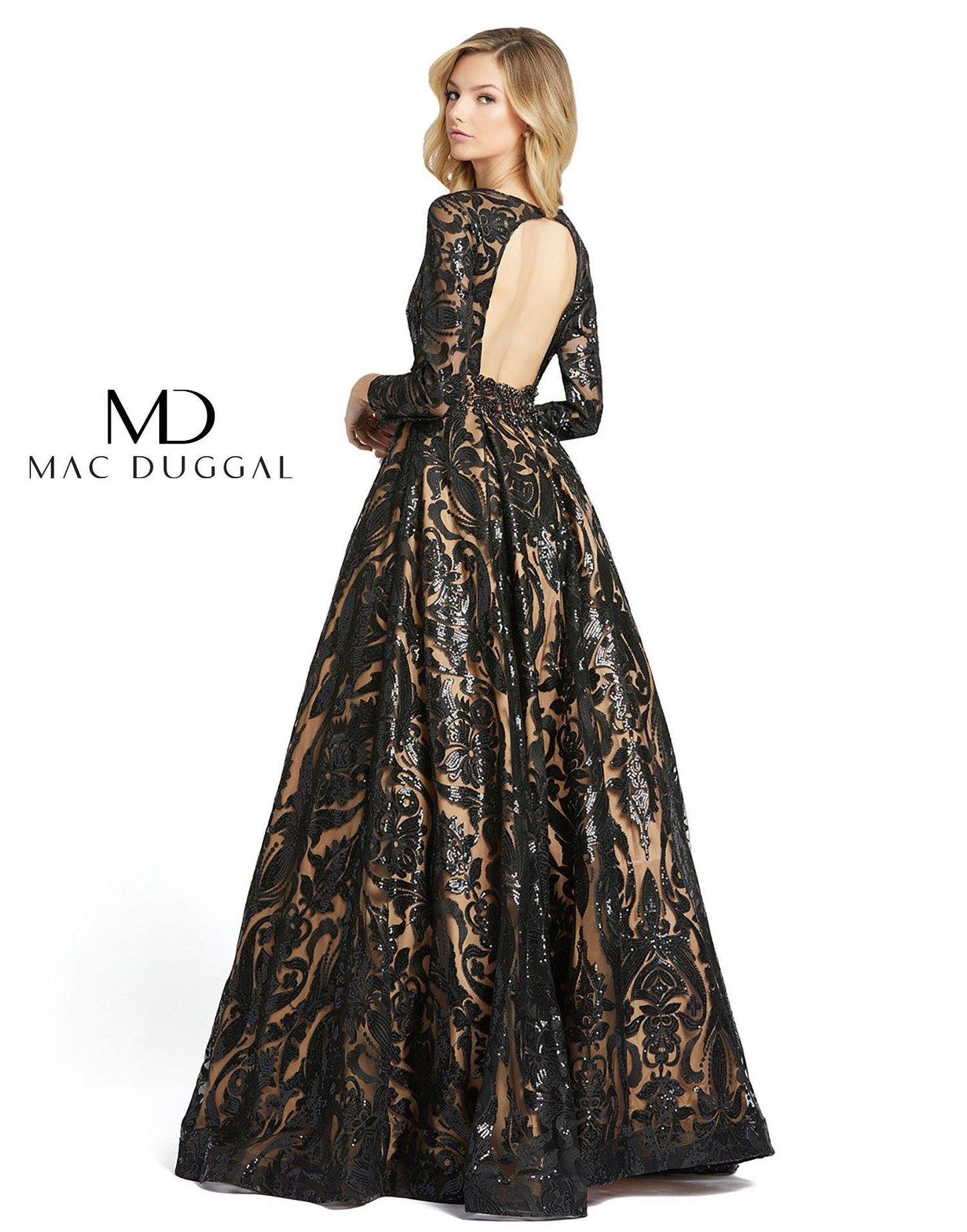 Mac Duggal Long Sleeve Sequins Deep V Neck Ballgown - The Dress Outlet