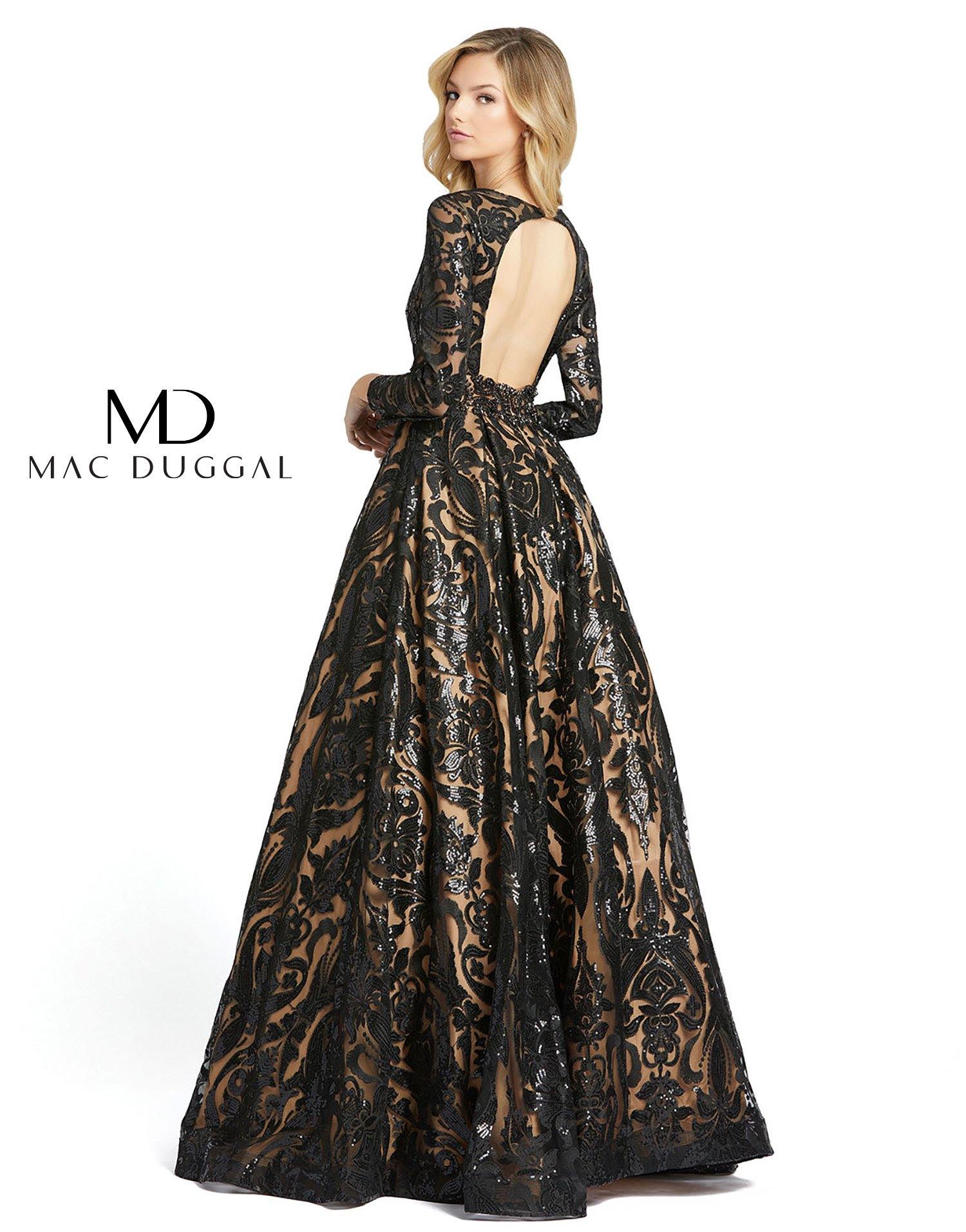 Mac Duggal Long Sleeve Sequins Deep V Neck Ballgown