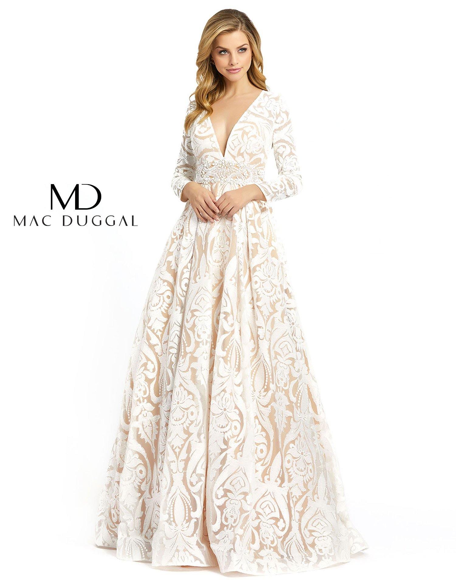 Mac Duggal Long Sleeve Sequins Deep V Neck Ballgown - The Dress Outlet
