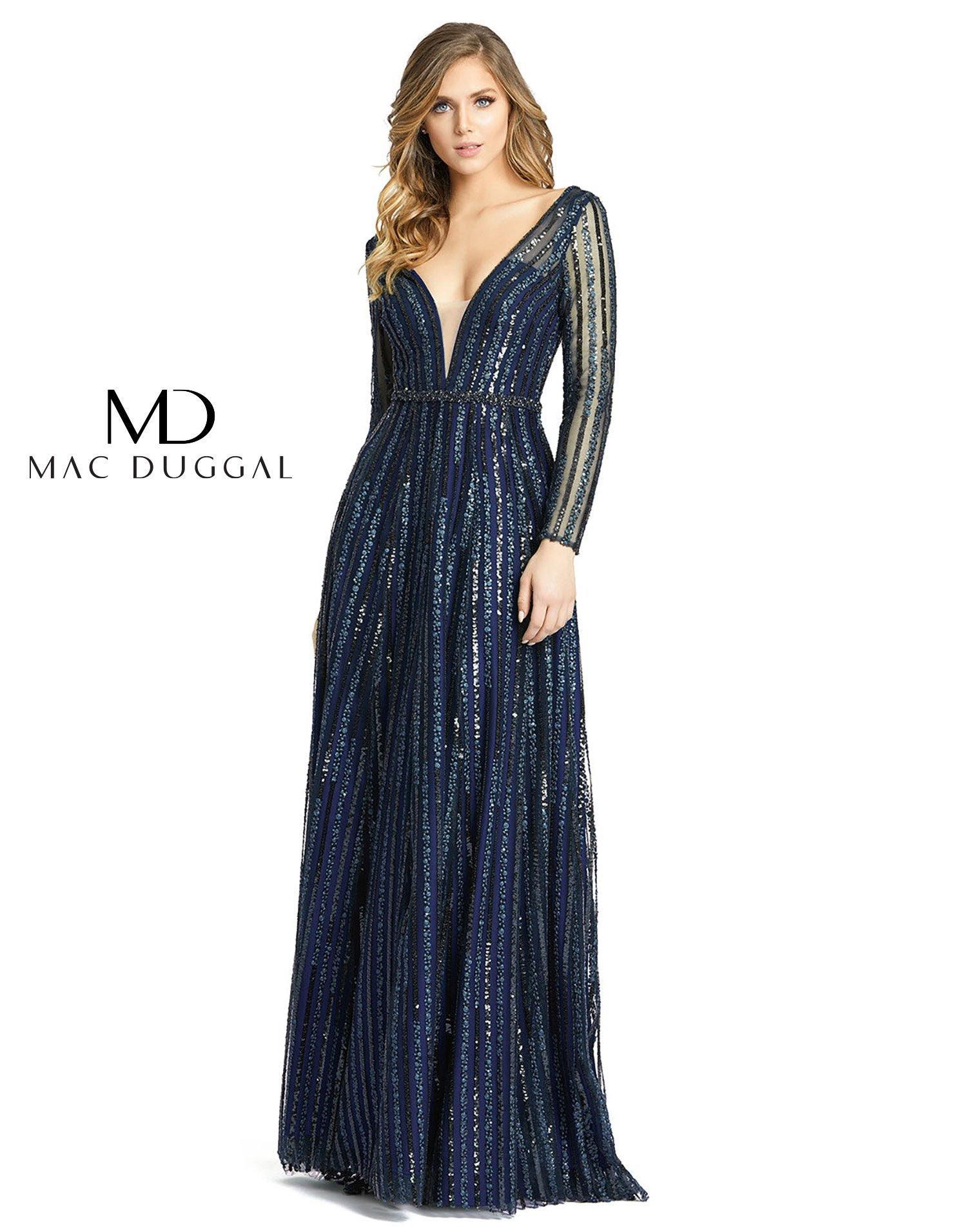 Mac Duggal Long Sleeve Striped Sequins Dress 11184 - The Dress Outlet